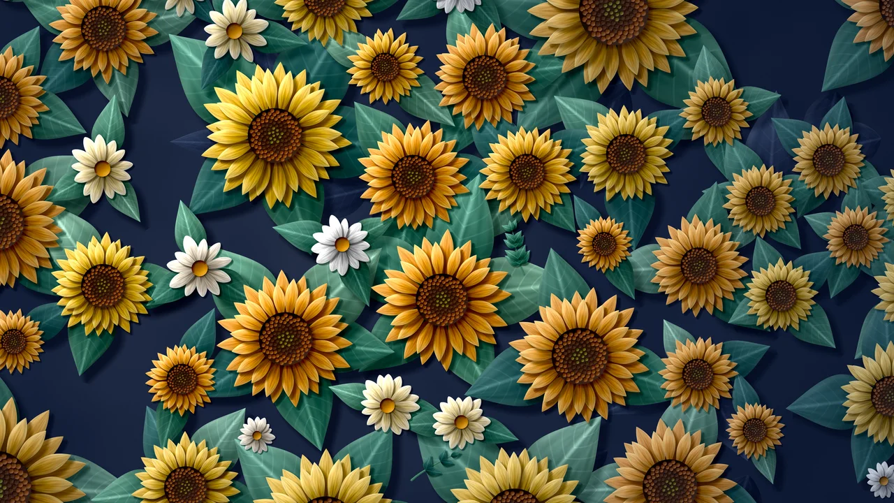 Navy Paper Sunflower Pattern desktop wallpaper in 4K
