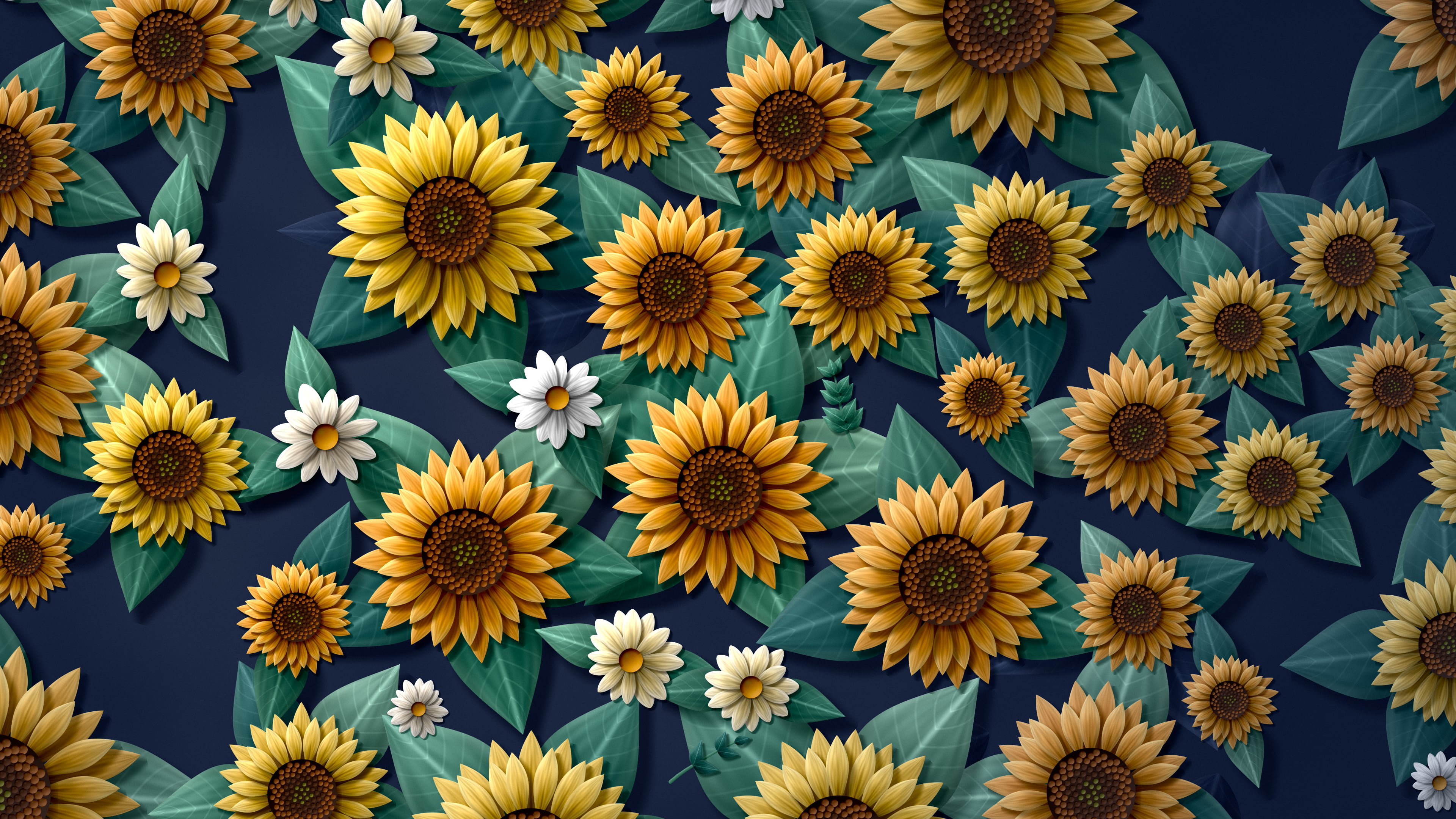 Navy Paper Sunflower Pattern desktop wallpaper in 4K