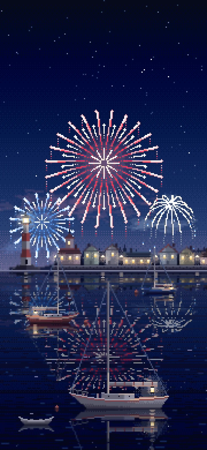 Navy Pixel Art 4th of July Fireworks Over a Harbor wallpaper for iPhone and Android