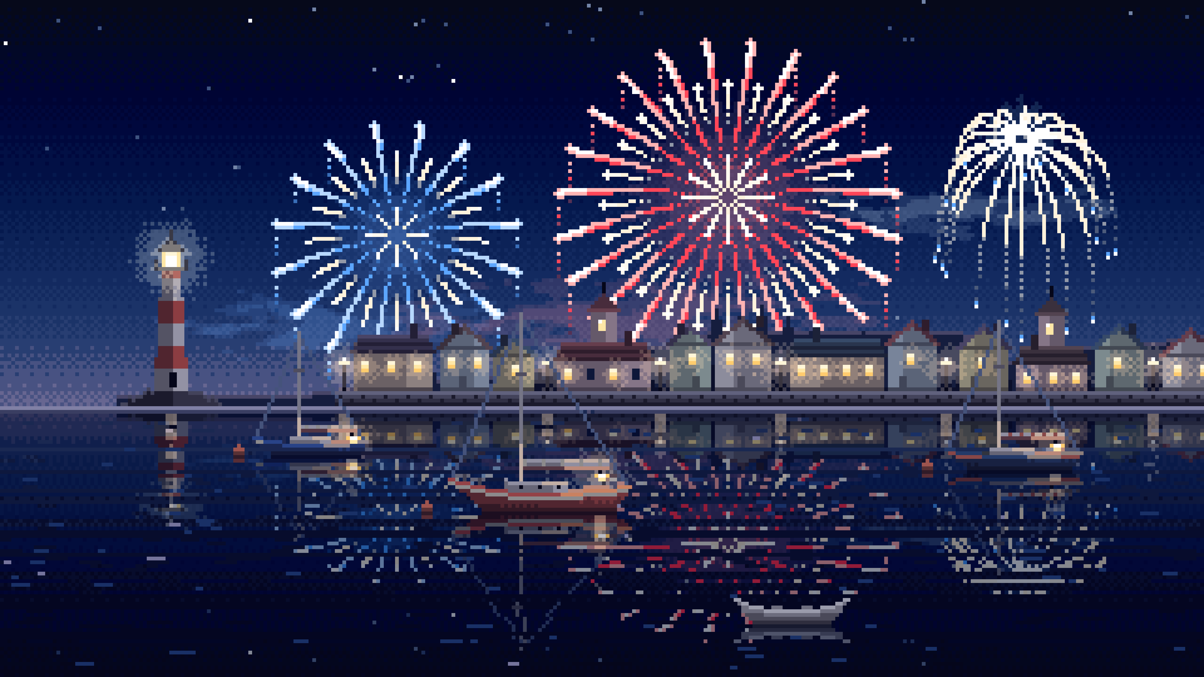 Navy Pixel Art 4th of July Fireworks Over a Harbor desktop wallpaper in 4K