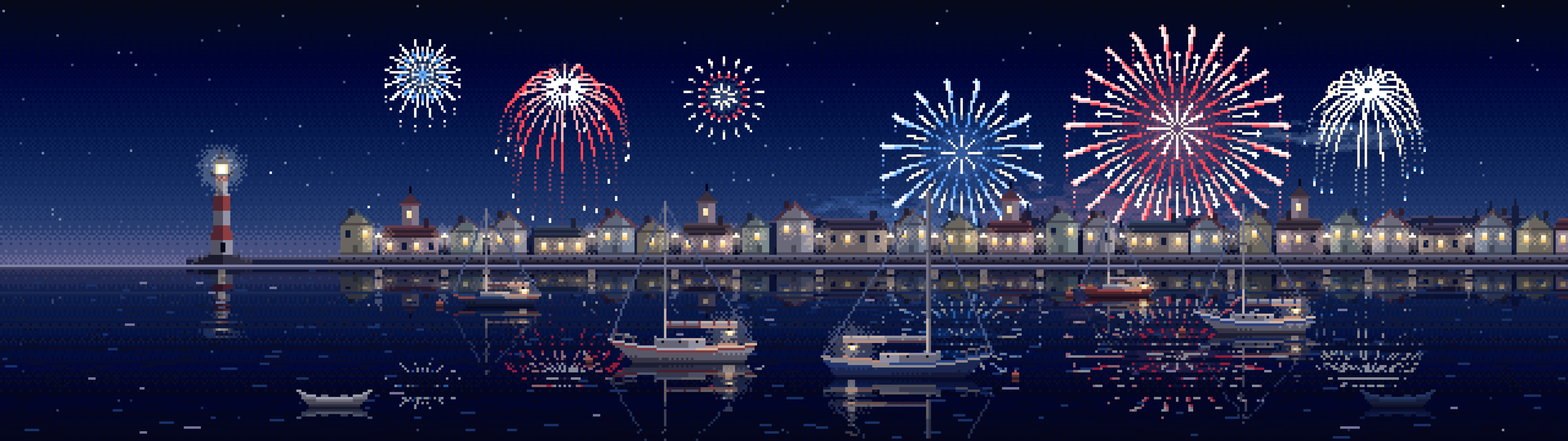 Navy Pixel Art 4th of July Fireworks Over a Harbor dual monitor wallpaper, 7680 × 2160