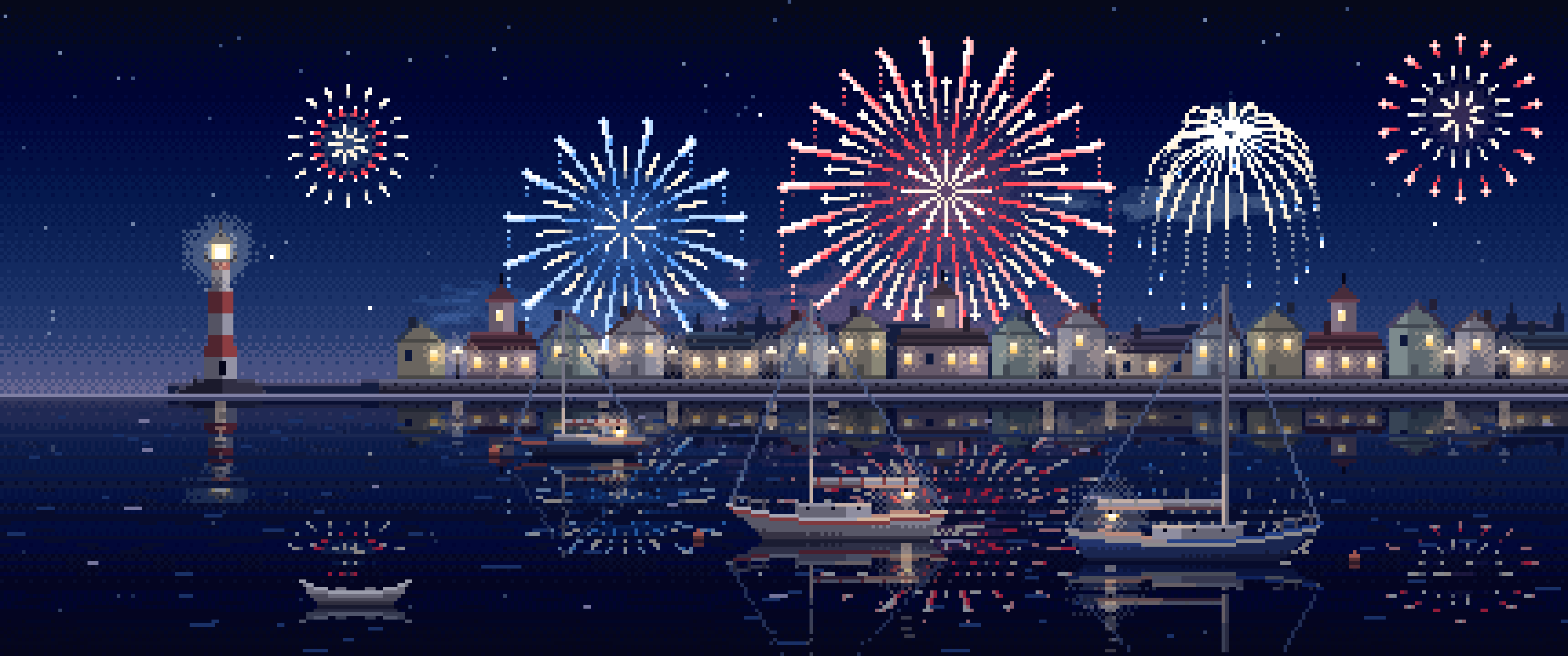 Navy Pixel Art 4th of July Fireworks Over a Harbor ultrawide wallpaper, 3440 × 1440