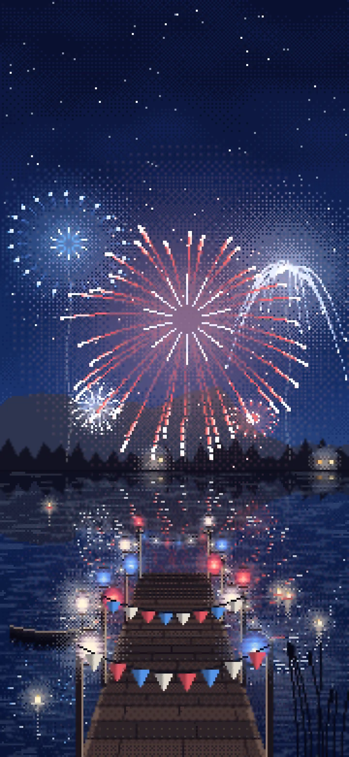 Navy Pixel Art 4th of July Fireworks over a Lake wallpaper for iPhone and Android