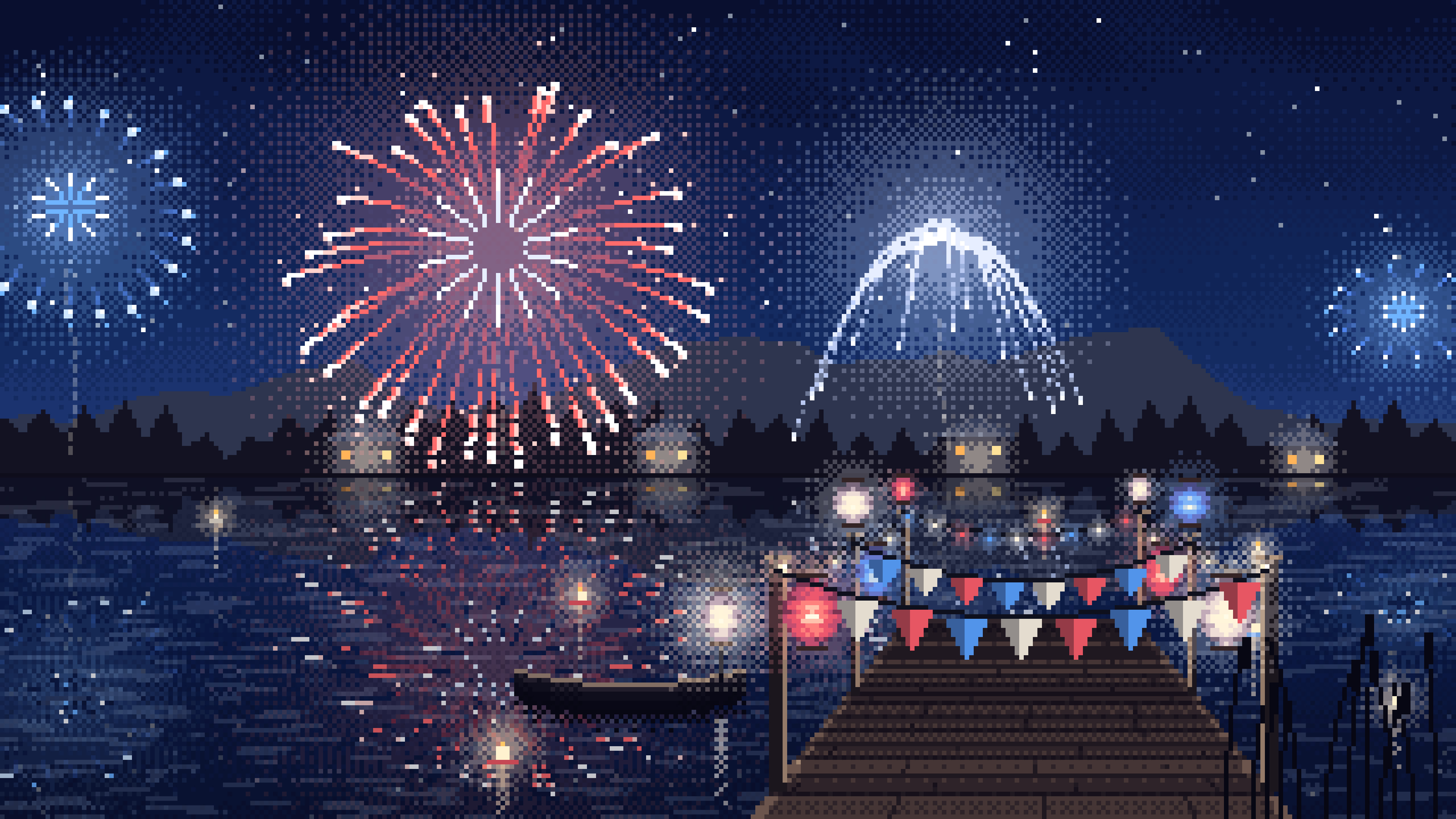 Navy Pixel Art 4th of July Fireworks over a Lake desktop wallpaper in 4K