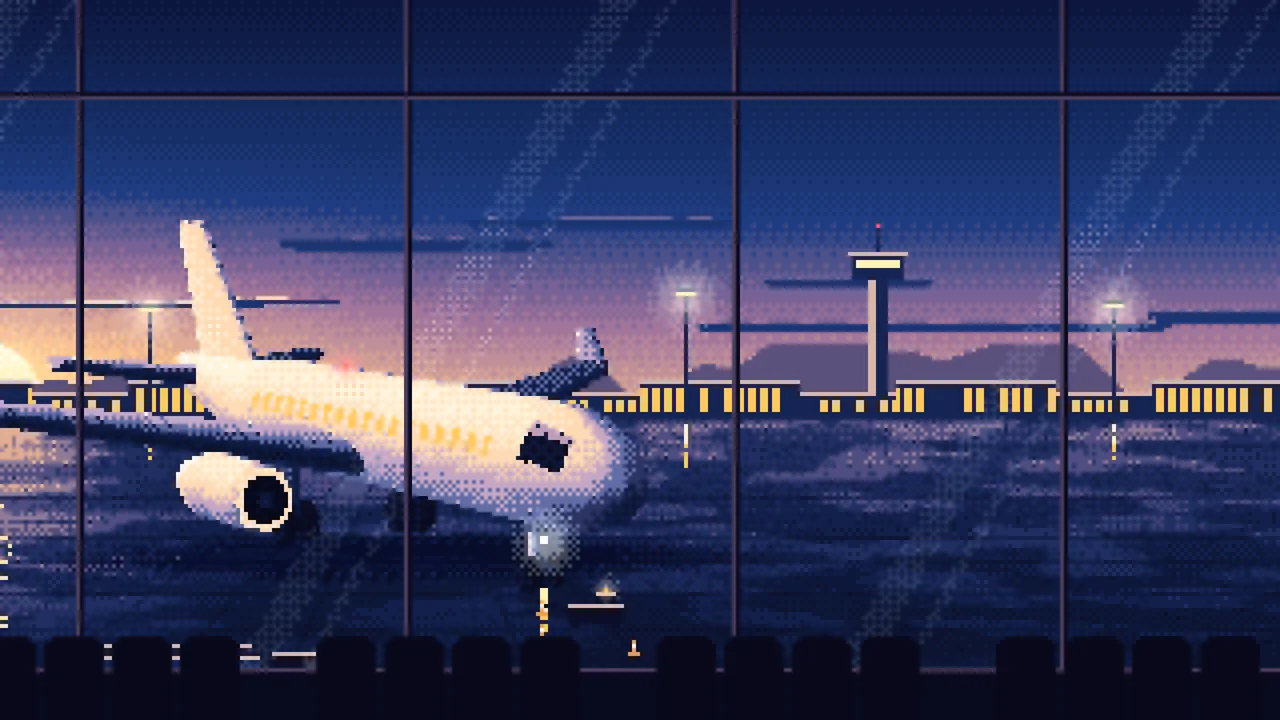 Navy Pixel Art Airplane at the Airport at Dusk desktop wallpaper in 4K