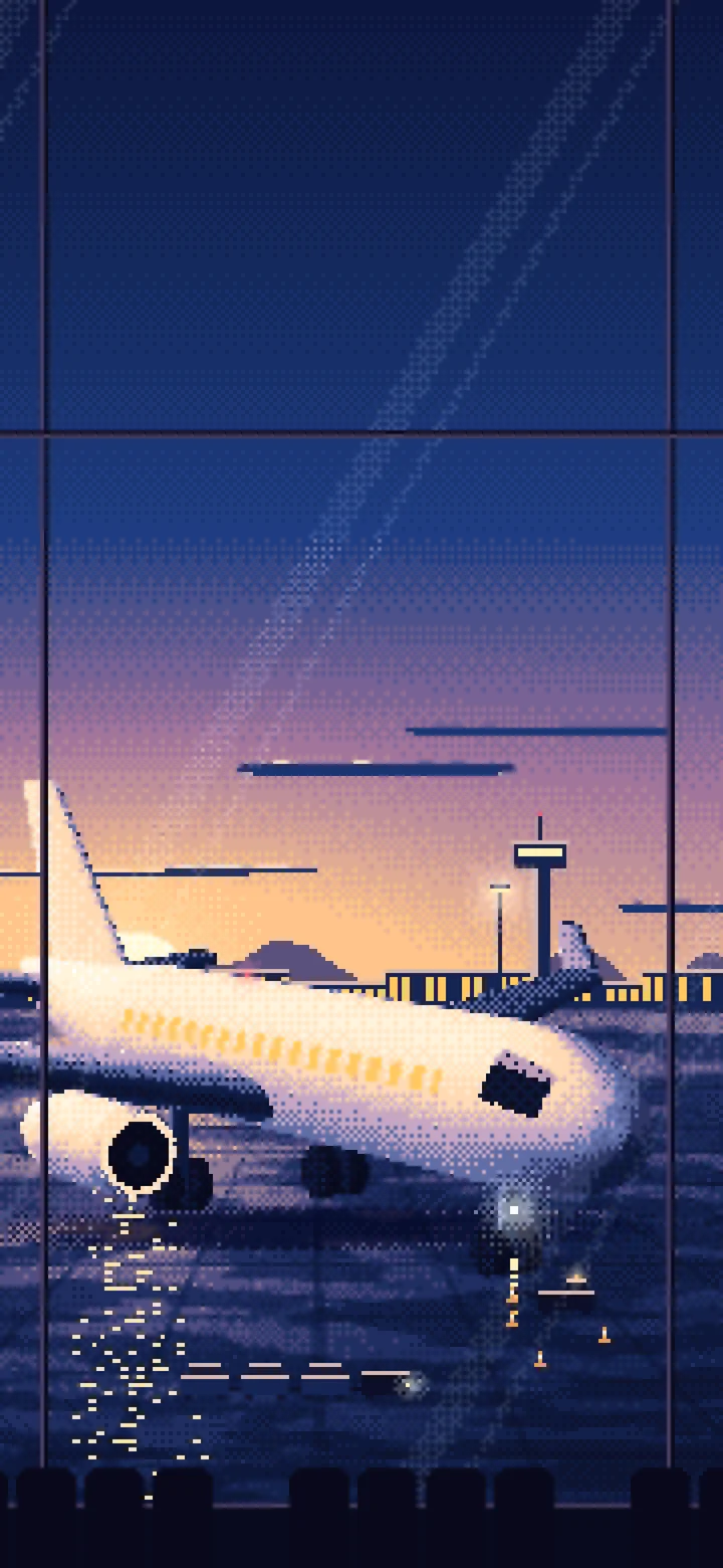 Navy Pixel Art Airplane at the Airport at Dusk wallpaper for iPhone and Android