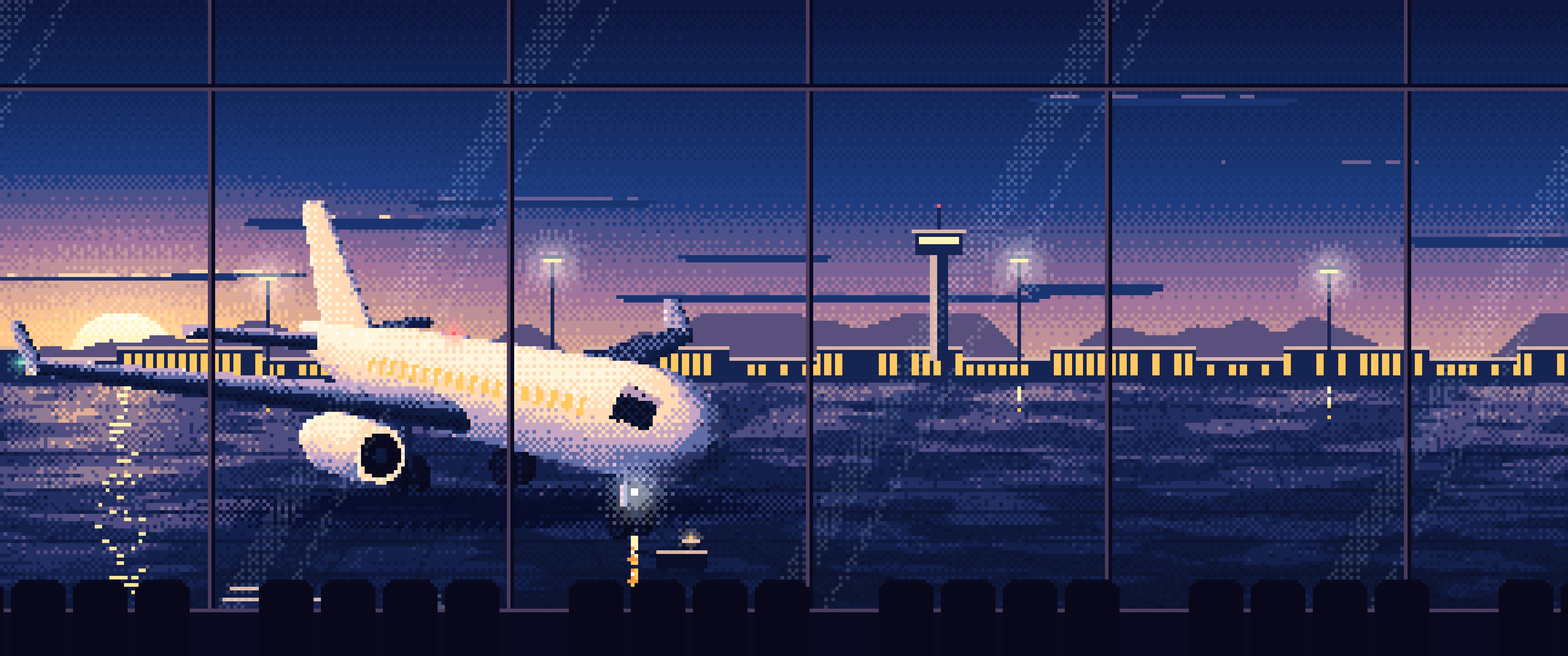 Navy Pixel Art Airplane at the Airport at Dusk ultrawide wallpaper, 3440 × 1440