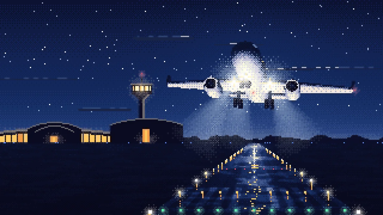 Navy Pixel Art Airplane Landing at Night desktop wallpaper in 4K