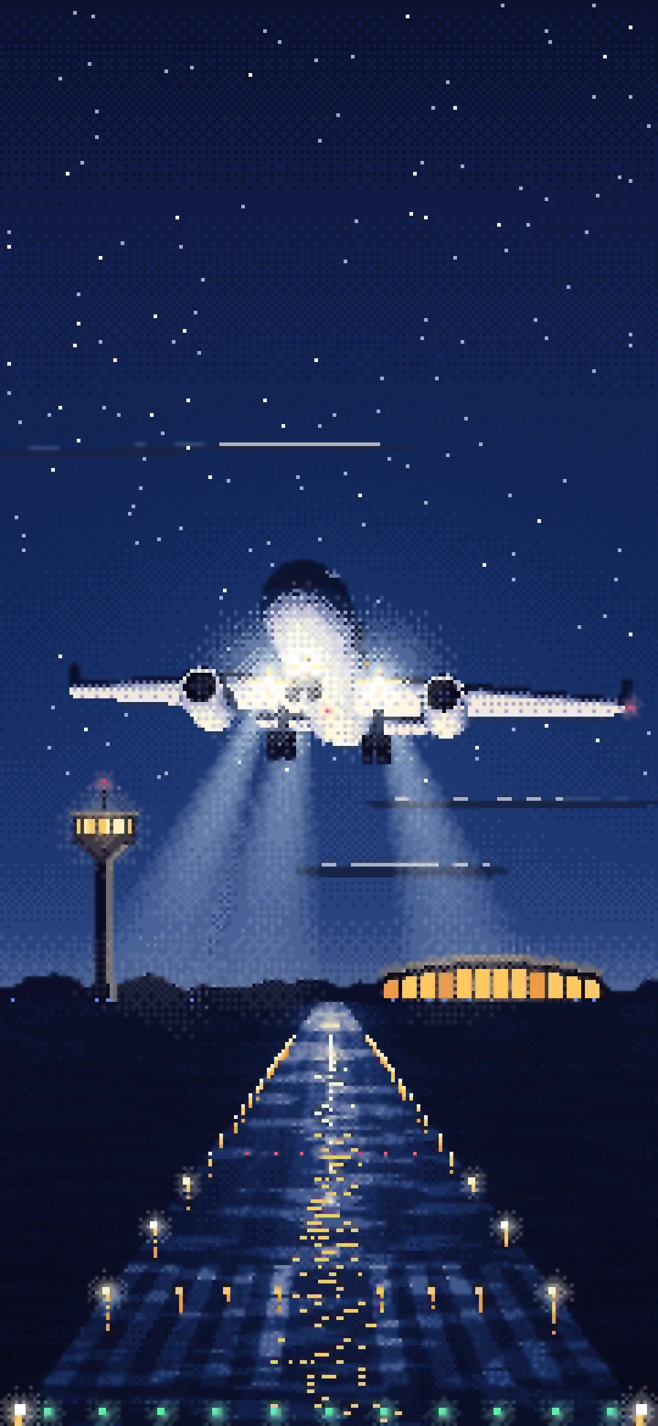 Navy Pixel Art Airplane Landing at Night wallpaper for iPhone and Android