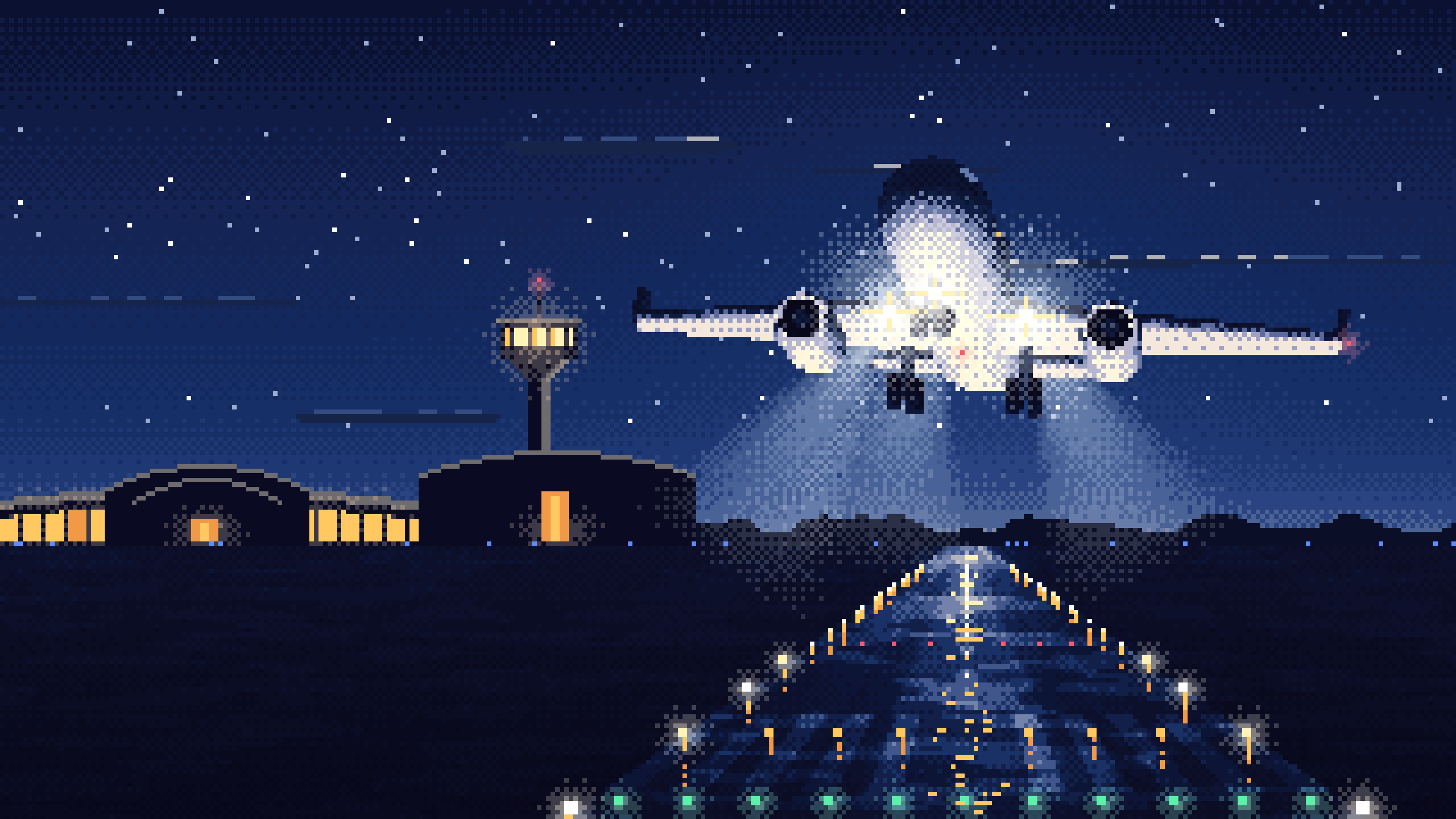 Navy Pixel Art Airplane Landing at Night desktop wallpaper in 4K