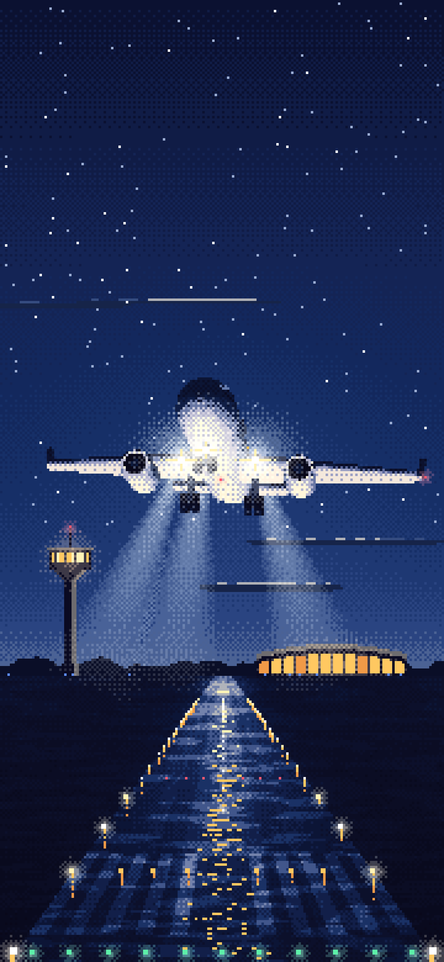 Navy Pixel Art Airplane Landing at Night wallpaper for iPhone and Android