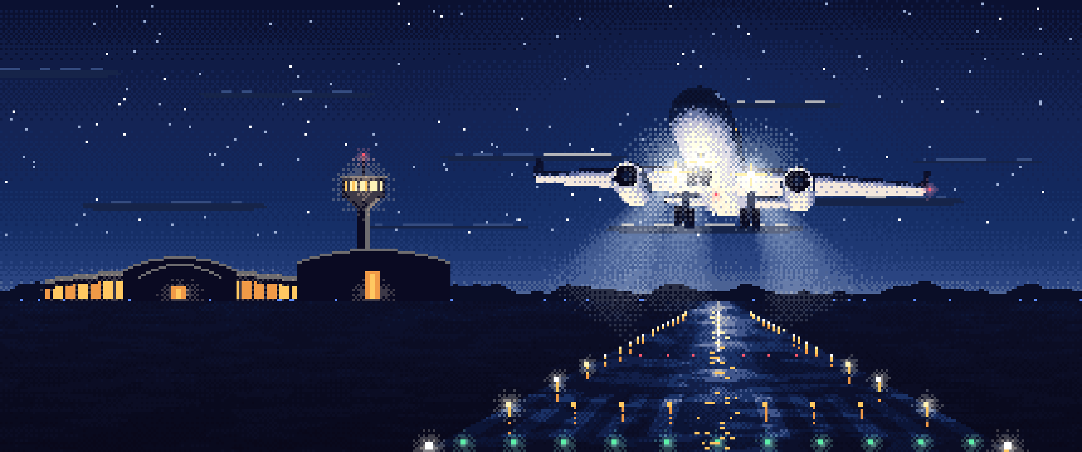 Navy Pixel Art Airplane Landing at Night ultrawide wallpaper, 3440 × 1440