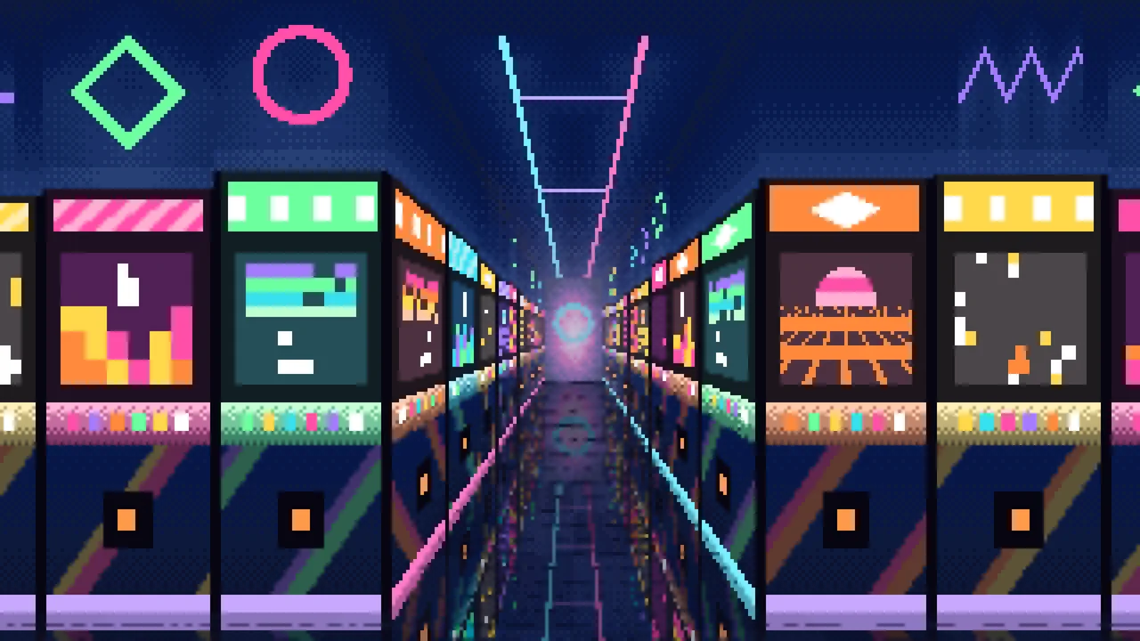 Navy Pixel Art Arcade Aisle desktop wallpaper in 4K