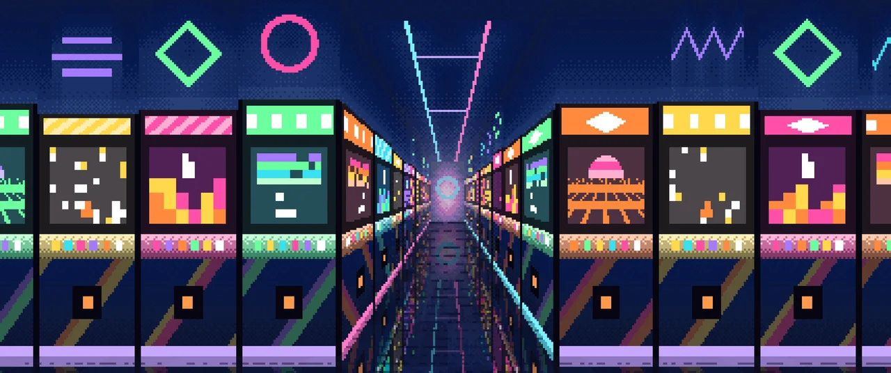 Navy Pixel Art Arcade Aisle ultrawide wallpaper, 3440 × 1440