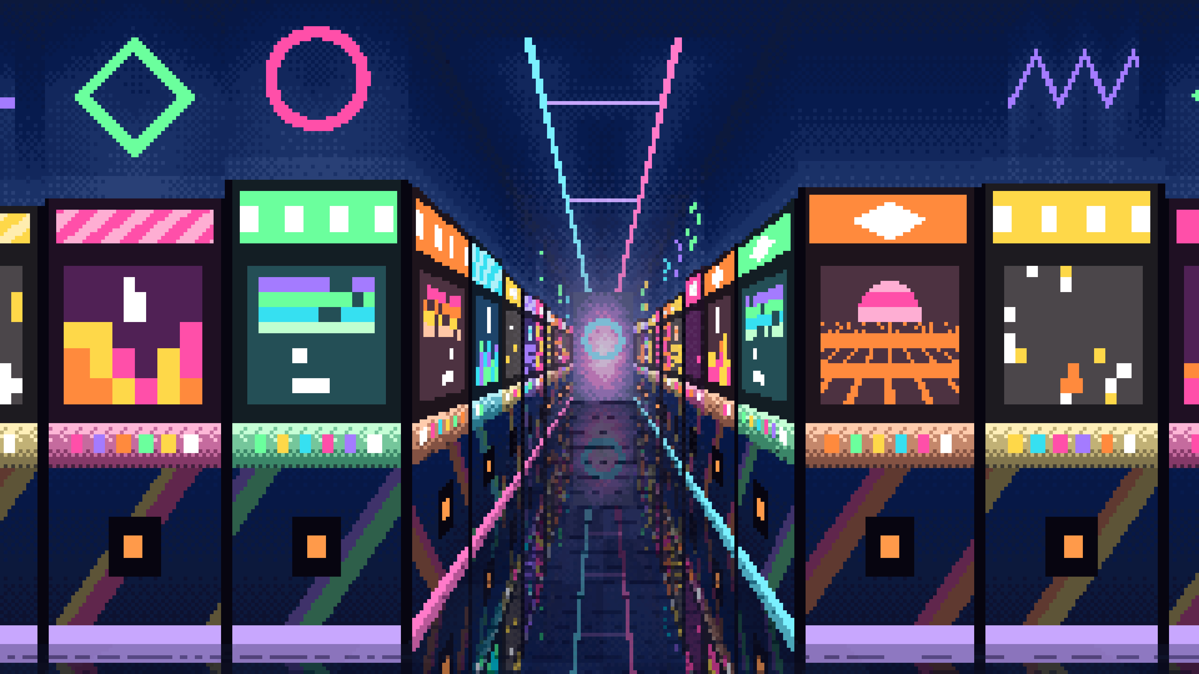Navy Pixel Art Arcade Aisle desktop wallpaper in 4K