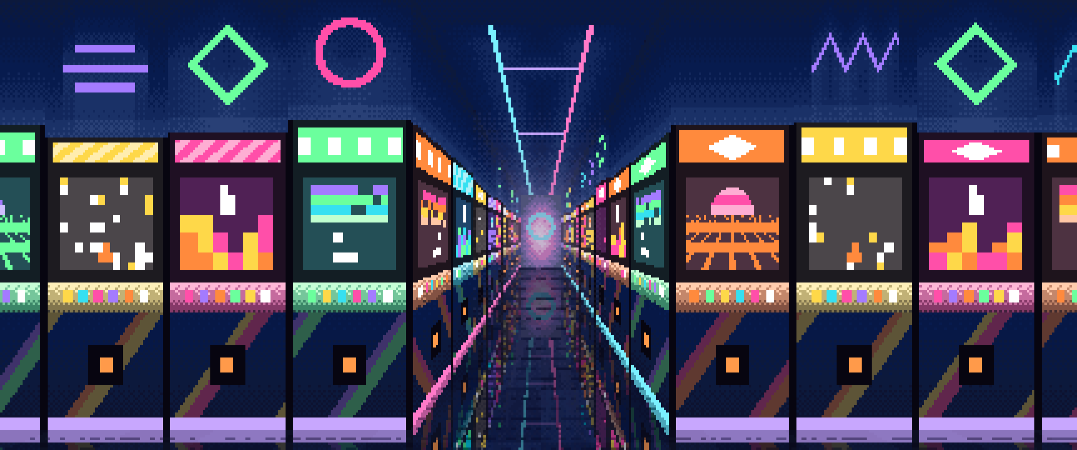 Navy Pixel Art Arcade Aisle ultrawide wallpaper, 3440 × 1440