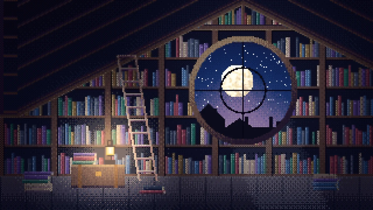 Navy Pixel Art Attic Library and Moon desktop wallpaper in 4K