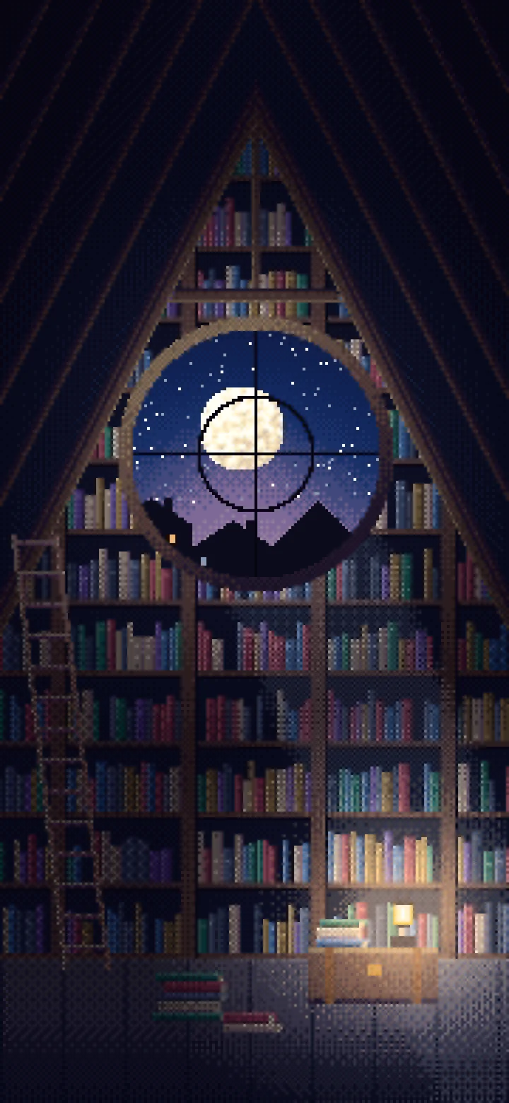 Navy Pixel Art Attic Library and Moon wallpaper for iPhone and Android