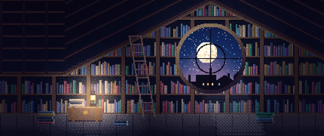 Navy Pixel Art Attic Library and Moon ultrawide wallpaper, 3440 × 1440