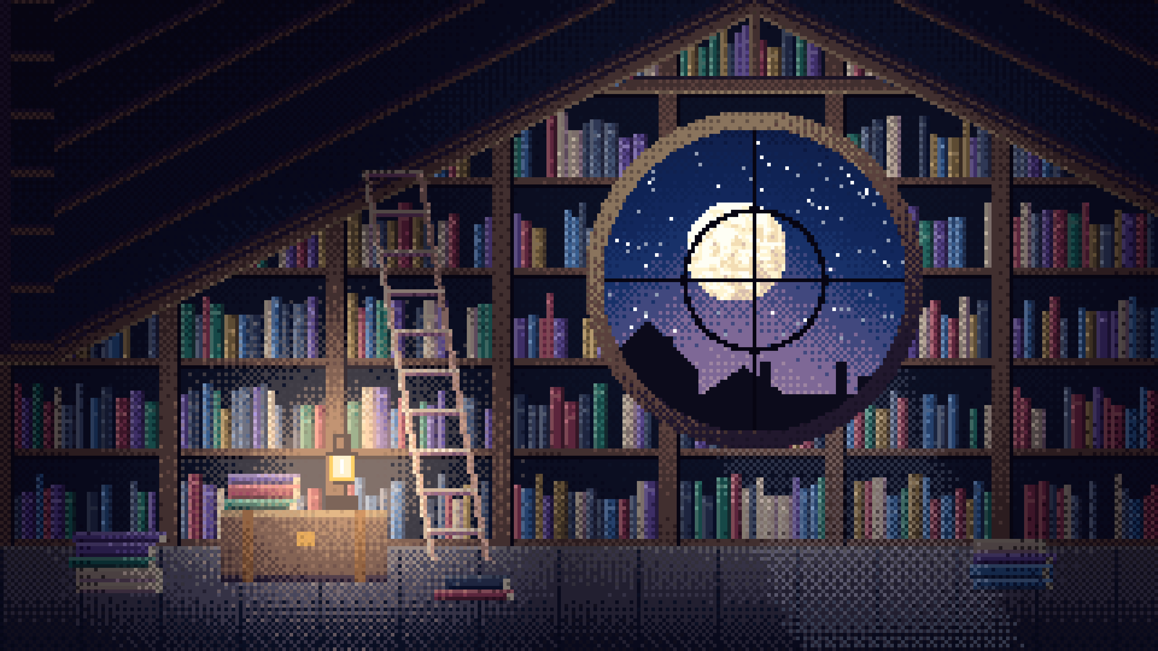 Navy Pixel Art Attic Library and Moon desktop wallpaper in 4K