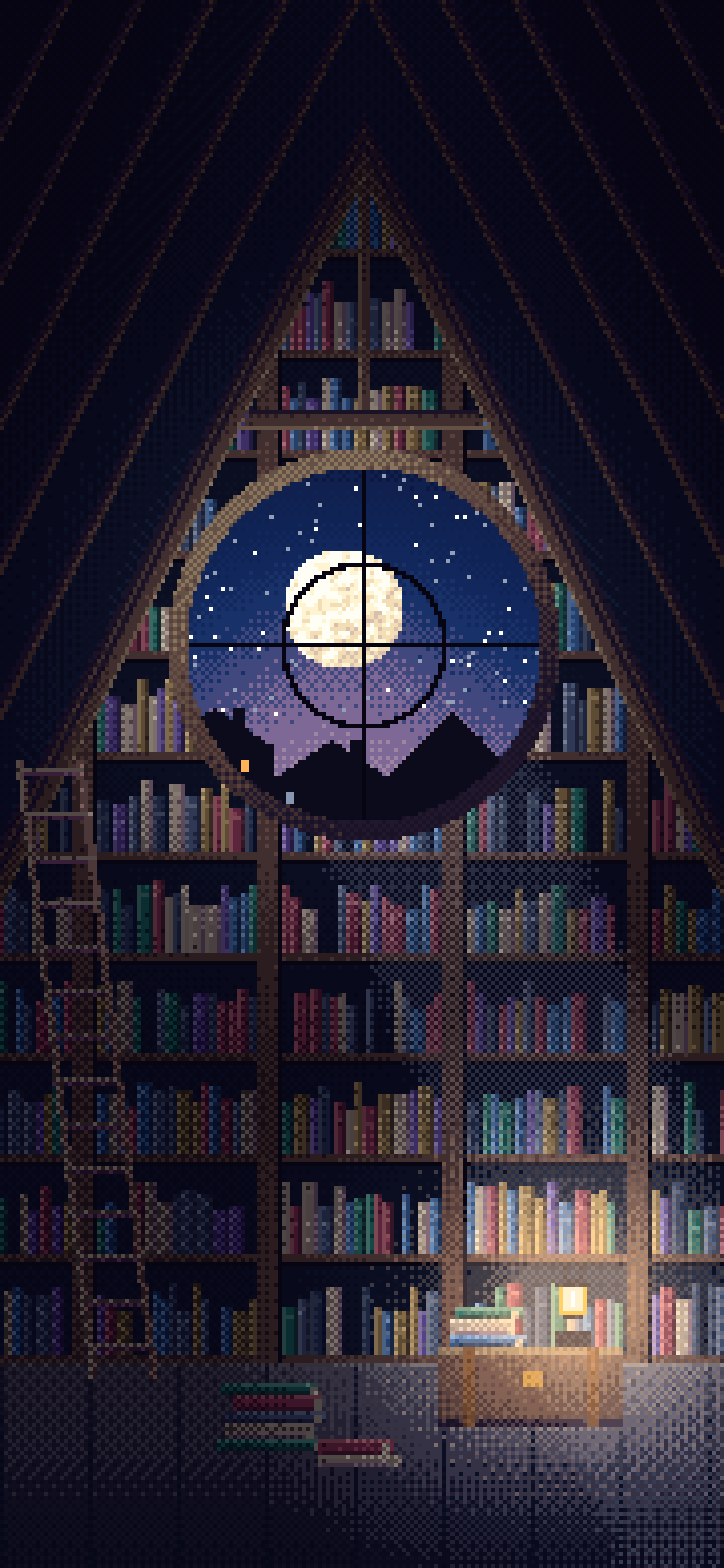 Navy Pixel Art Attic Library and Moon wallpaper for iPhone and Android
