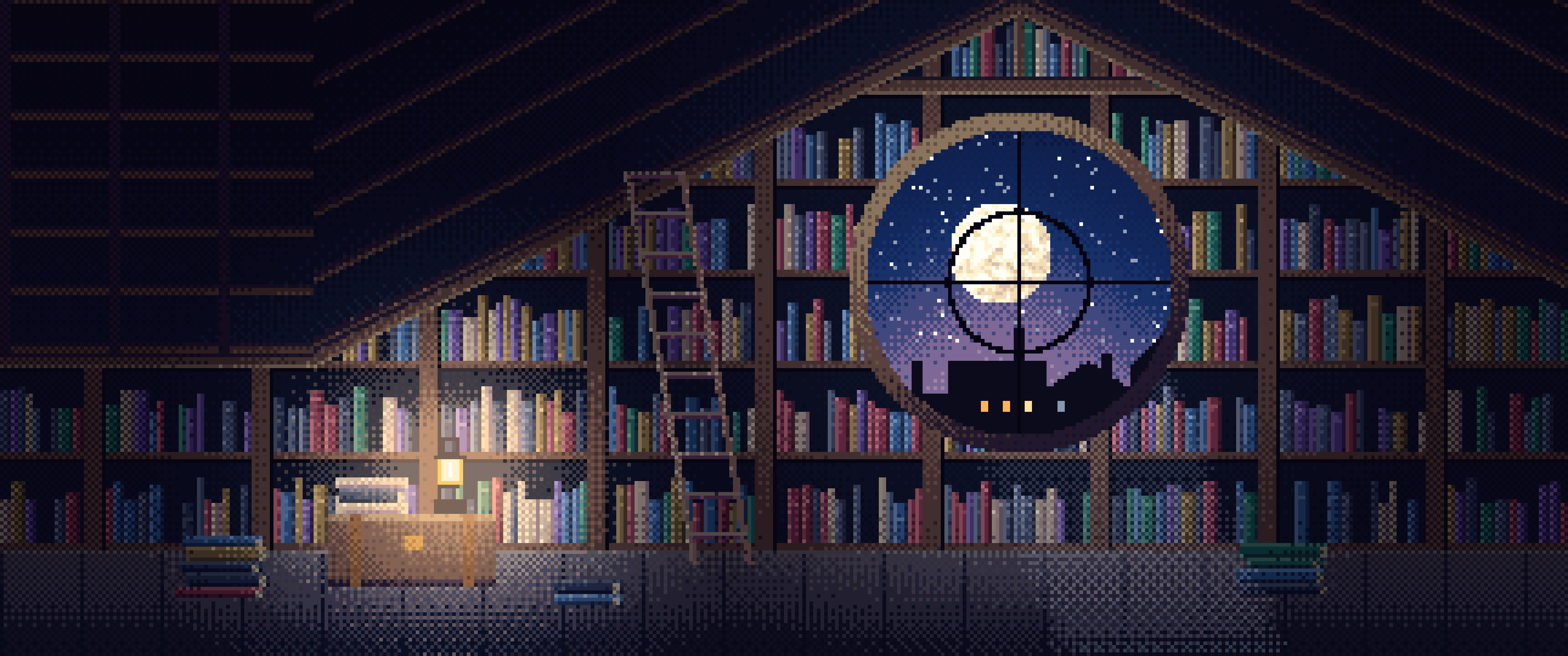 Navy Pixel Art Attic Library and Moon ultrawide wallpaper, 3440 × 1440