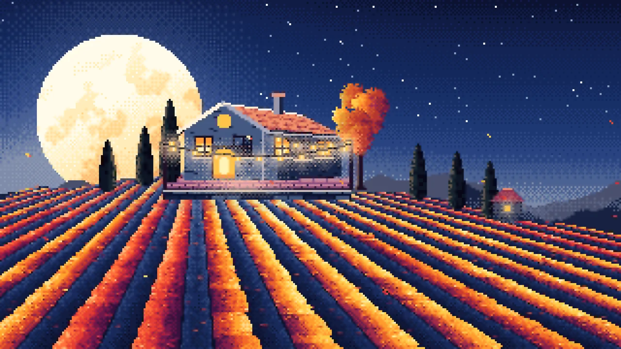 Navy Pixel Art Autumn Vineyard under a Harvest Moon desktop wallpaper in 4K