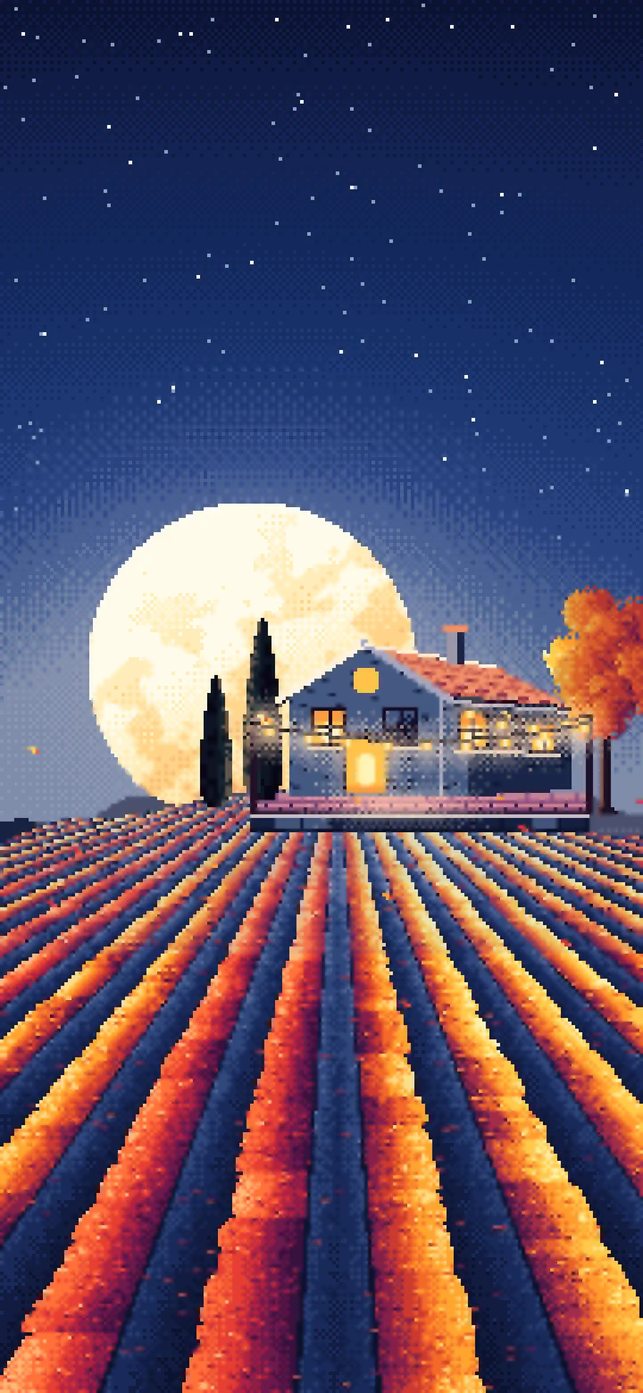 Navy Pixel Art Autumn Vineyard under a Harvest Moon wallpaper for iPhone and Android