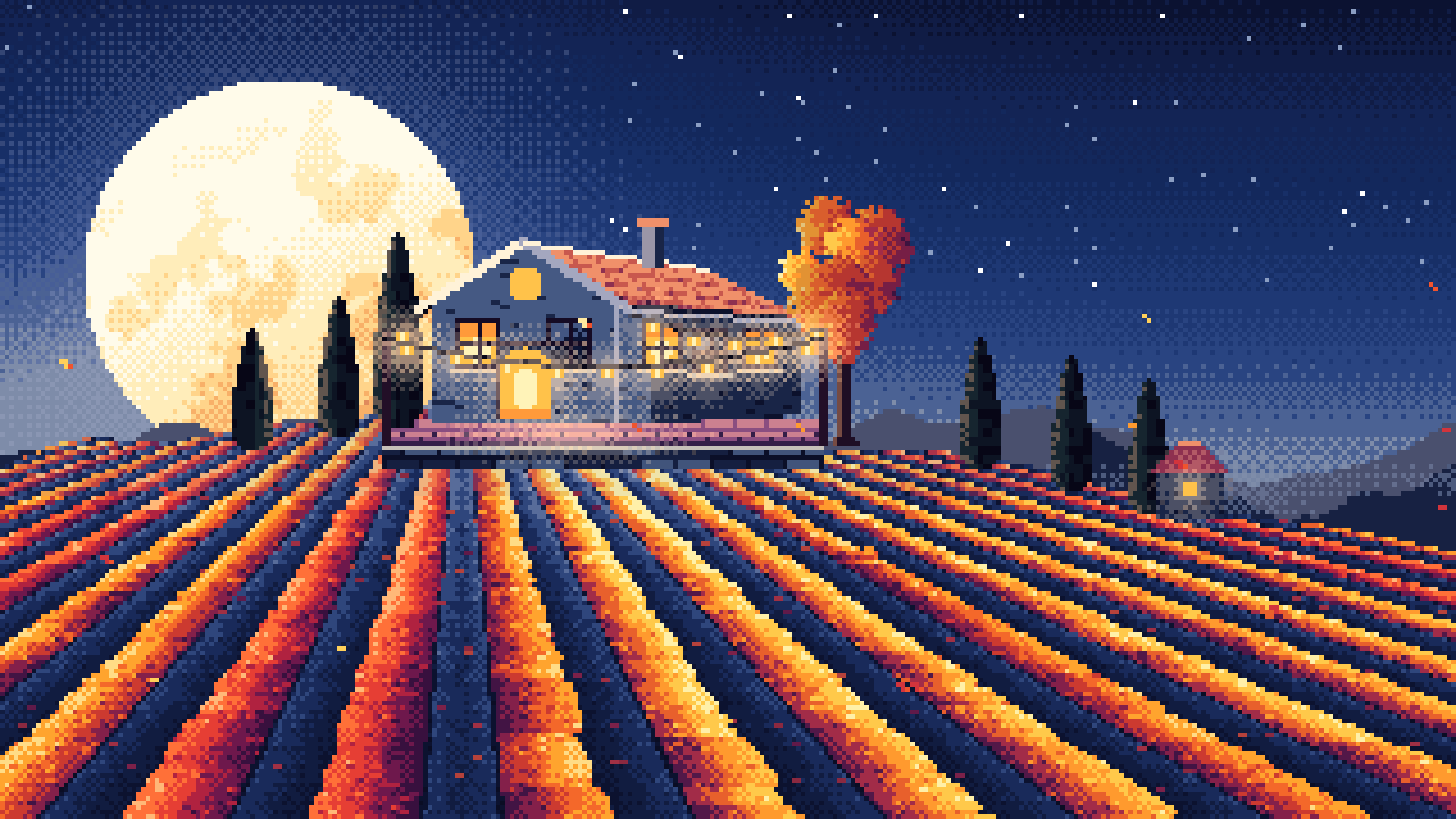 Navy Pixel Art Autumn Vineyard under a Harvest Moon desktop wallpaper in 4K