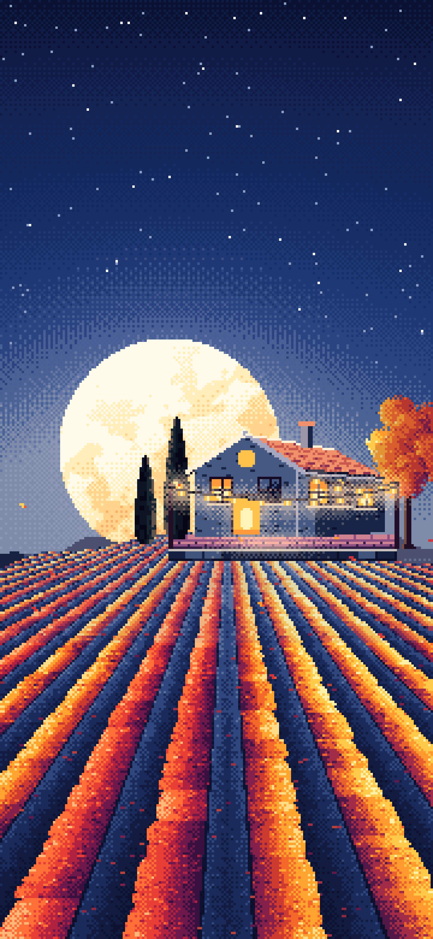 Navy Pixel Art Autumn Vineyard under a Harvest Moon wallpaper for iPhone and Android