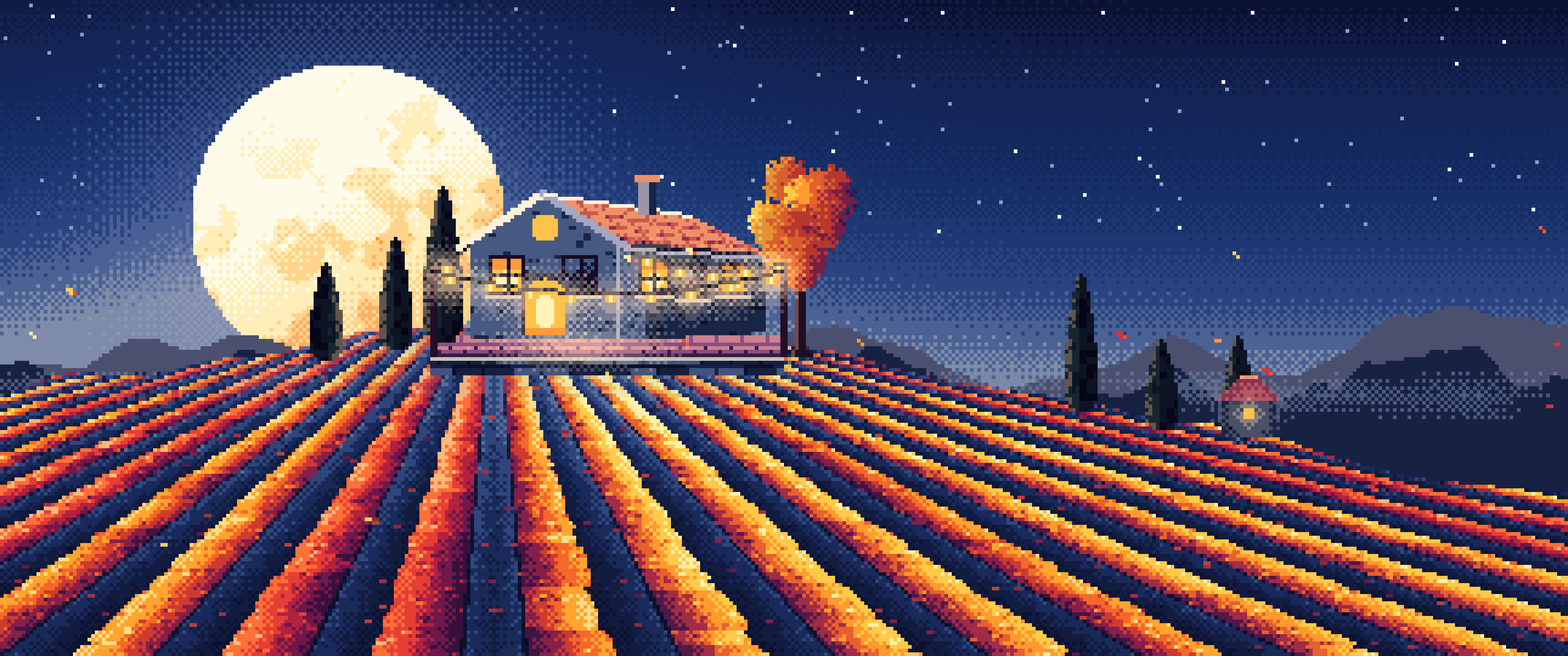 Navy Pixel Art Autumn Vineyard under a Harvest Moon ultrawide wallpaper, 3440 × 1440