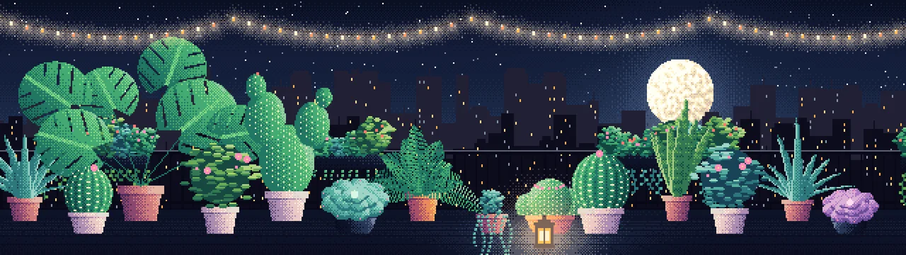 Navy Pixel Art Balcony Garden at Night dual monitor wallpaper, 7680 × 2160