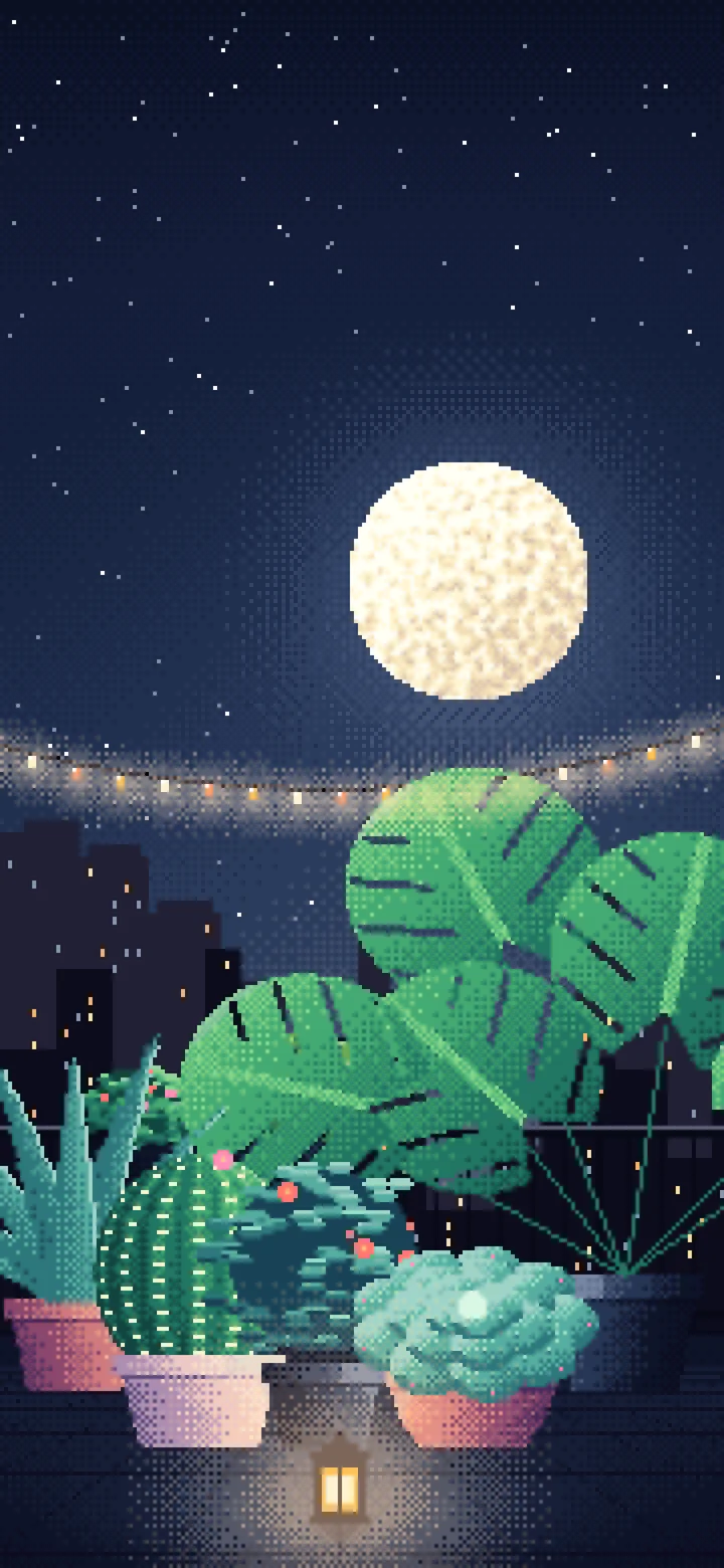 Navy Pixel Art Balcony Garden at Night wallpaper for iPhone and Android