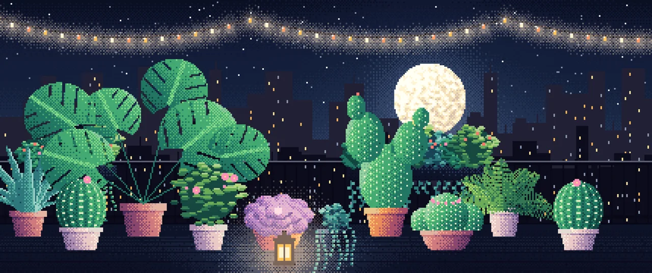 Navy Pixel Art Balcony Garden at Night ultrawide wallpaper, 3440 × 1440