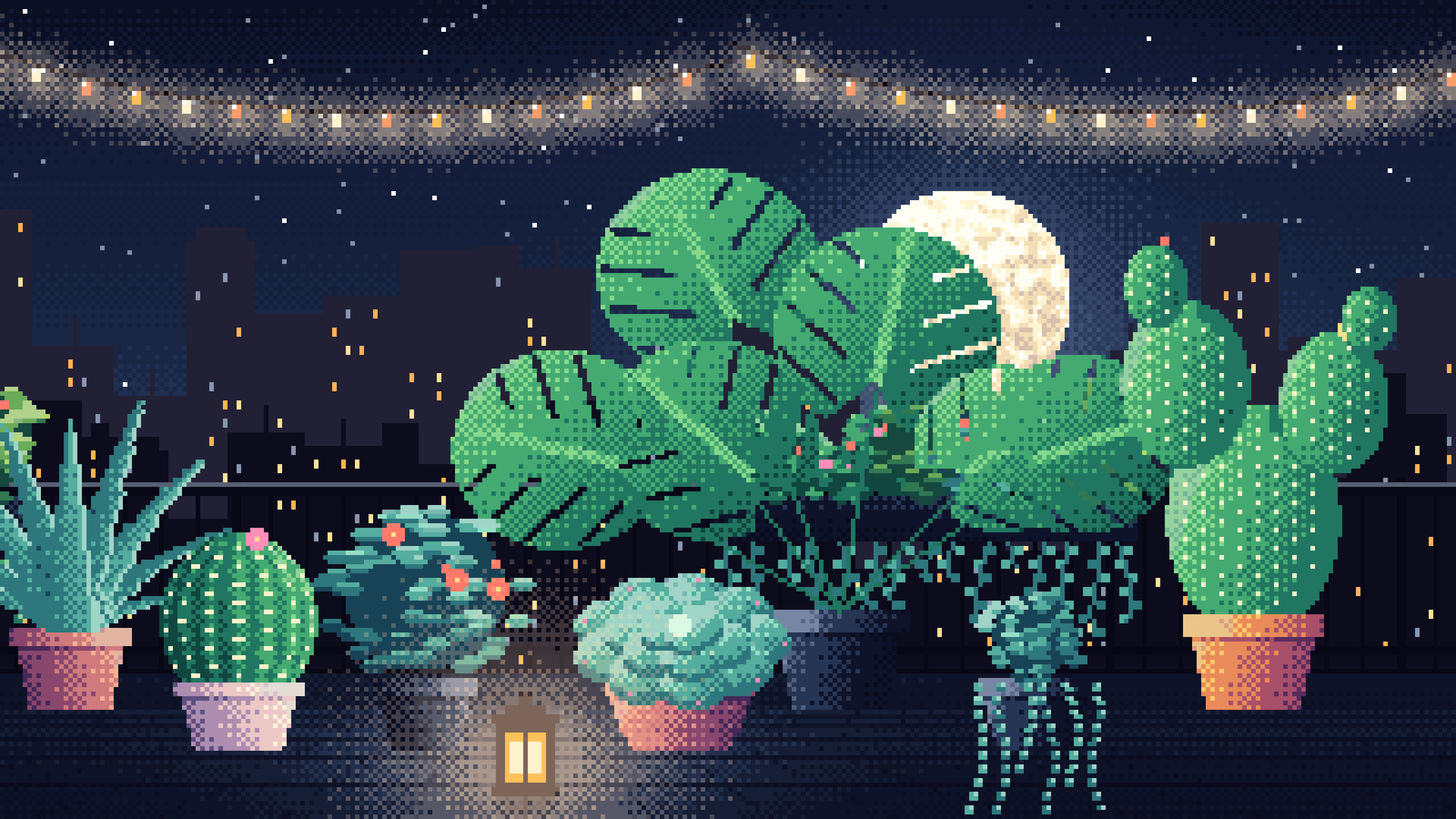 Navy Pixel Art Balcony Garden at Night desktop wallpaper in 4K