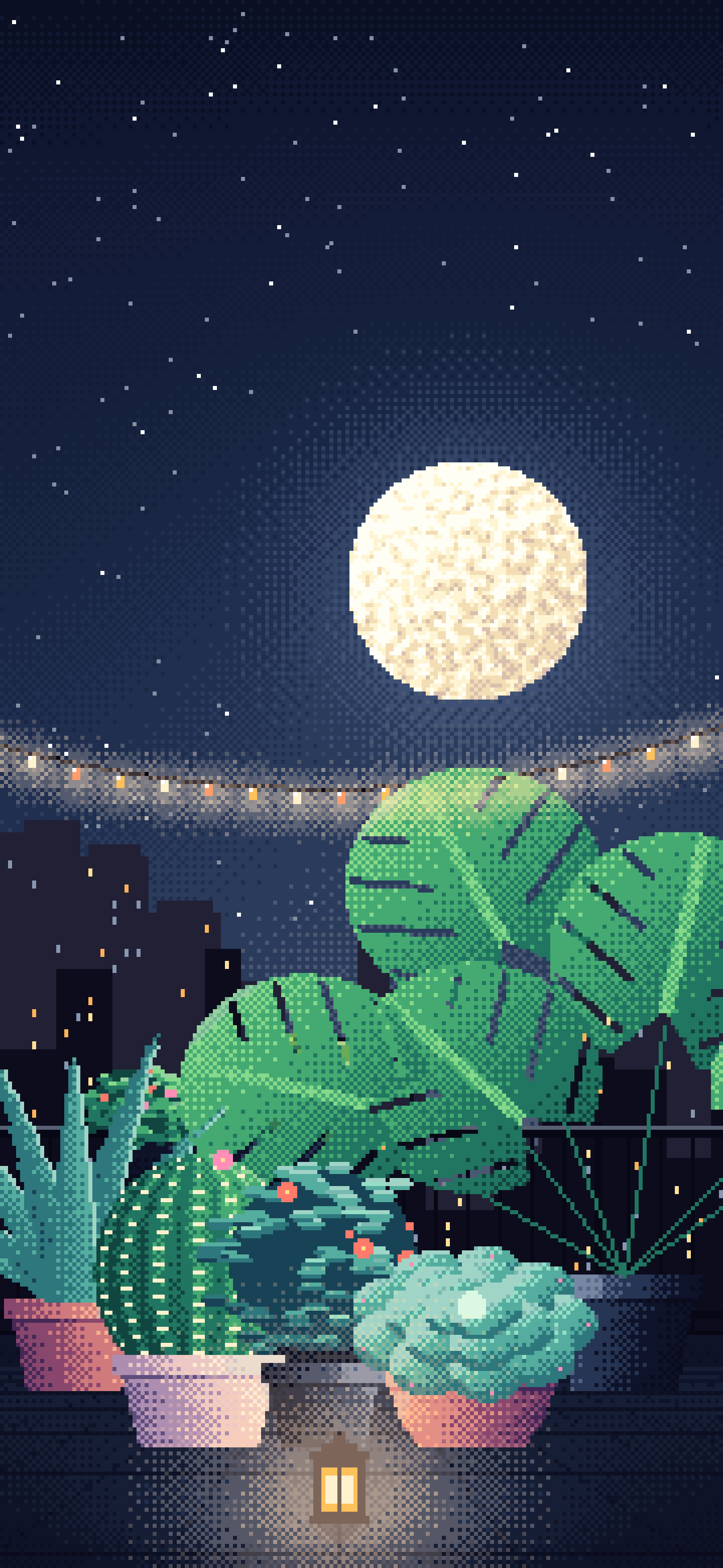 Navy Pixel Art Balcony Garden at Night wallpaper for iPhone and Android