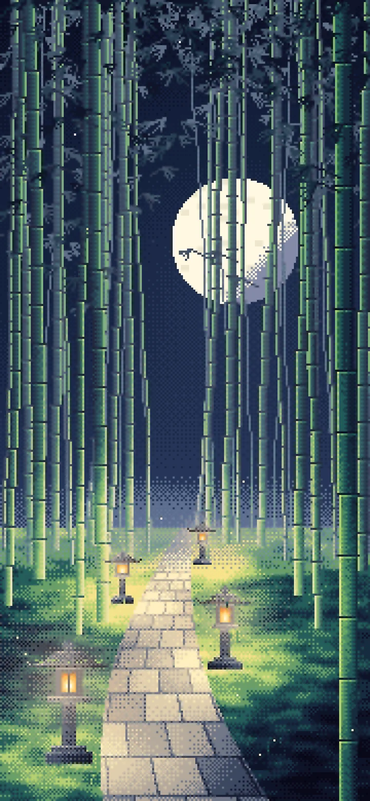 Navy Pixel Art Bamboo Path at Night wallpaper for iPhone and Android
