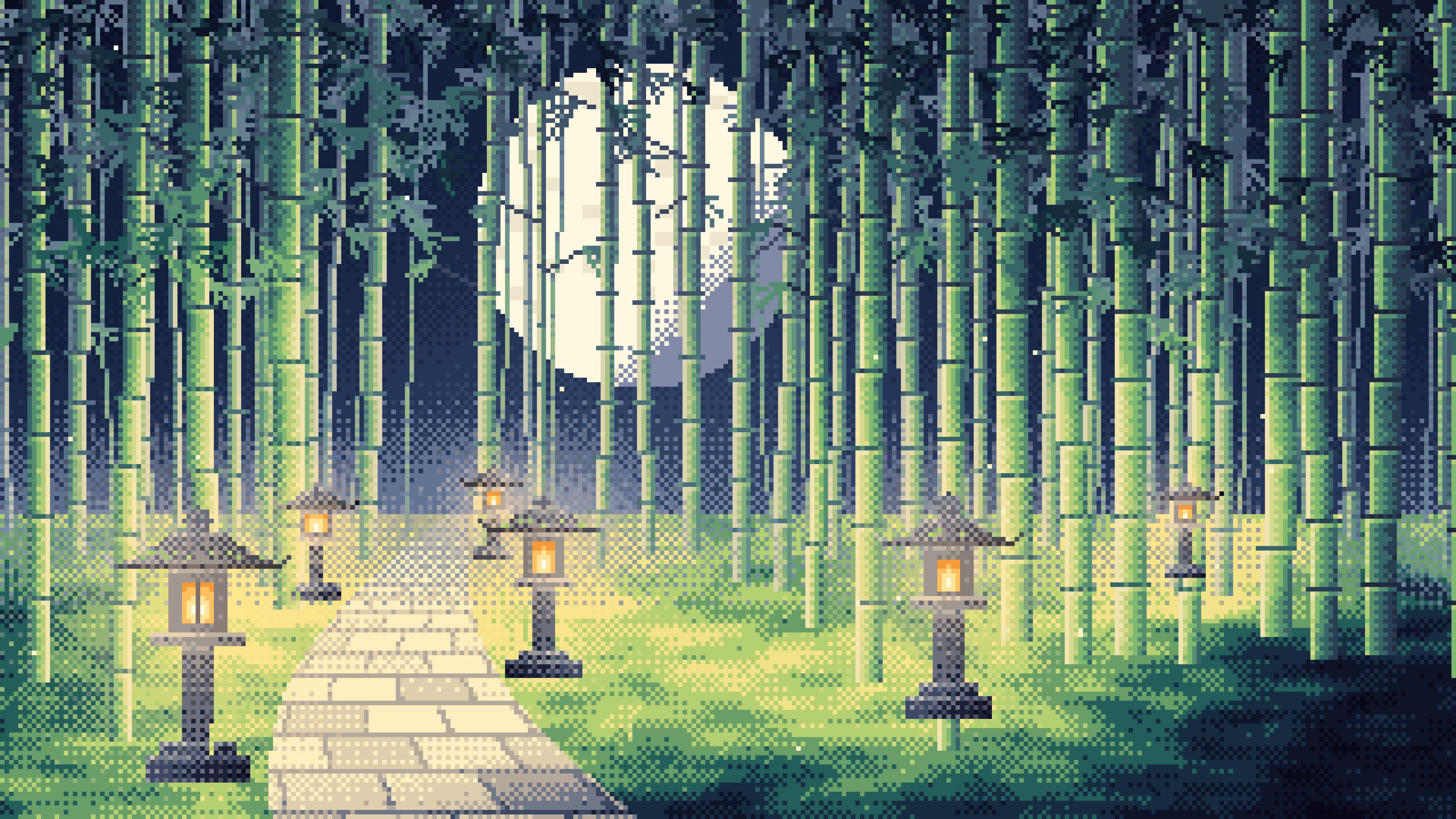 Navy Pixel Art Bamboo Path at Night desktop wallpaper in 4K