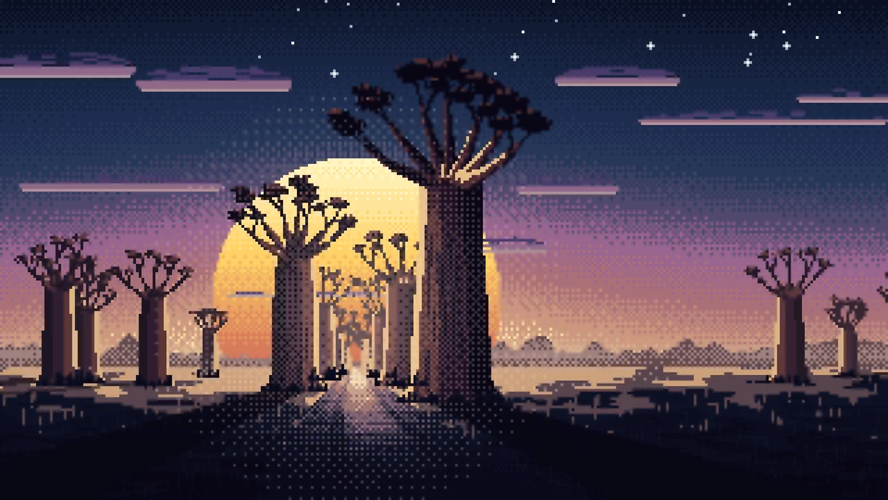 Navy Pixel Art Baobab Trees at Sunset desktop wallpaper in 4K