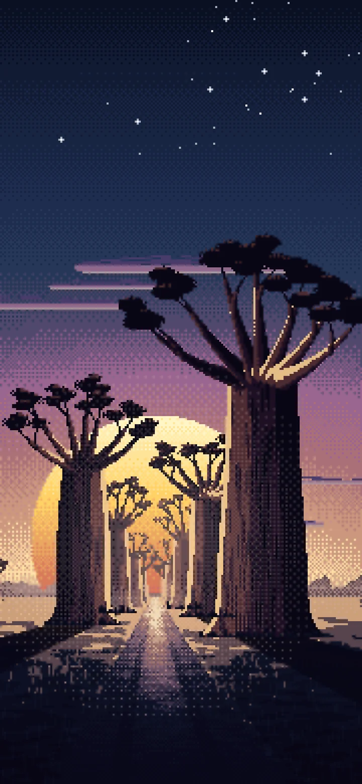 Navy Pixel Art Baobab Trees at Sunset wallpaper for iPhone and Android