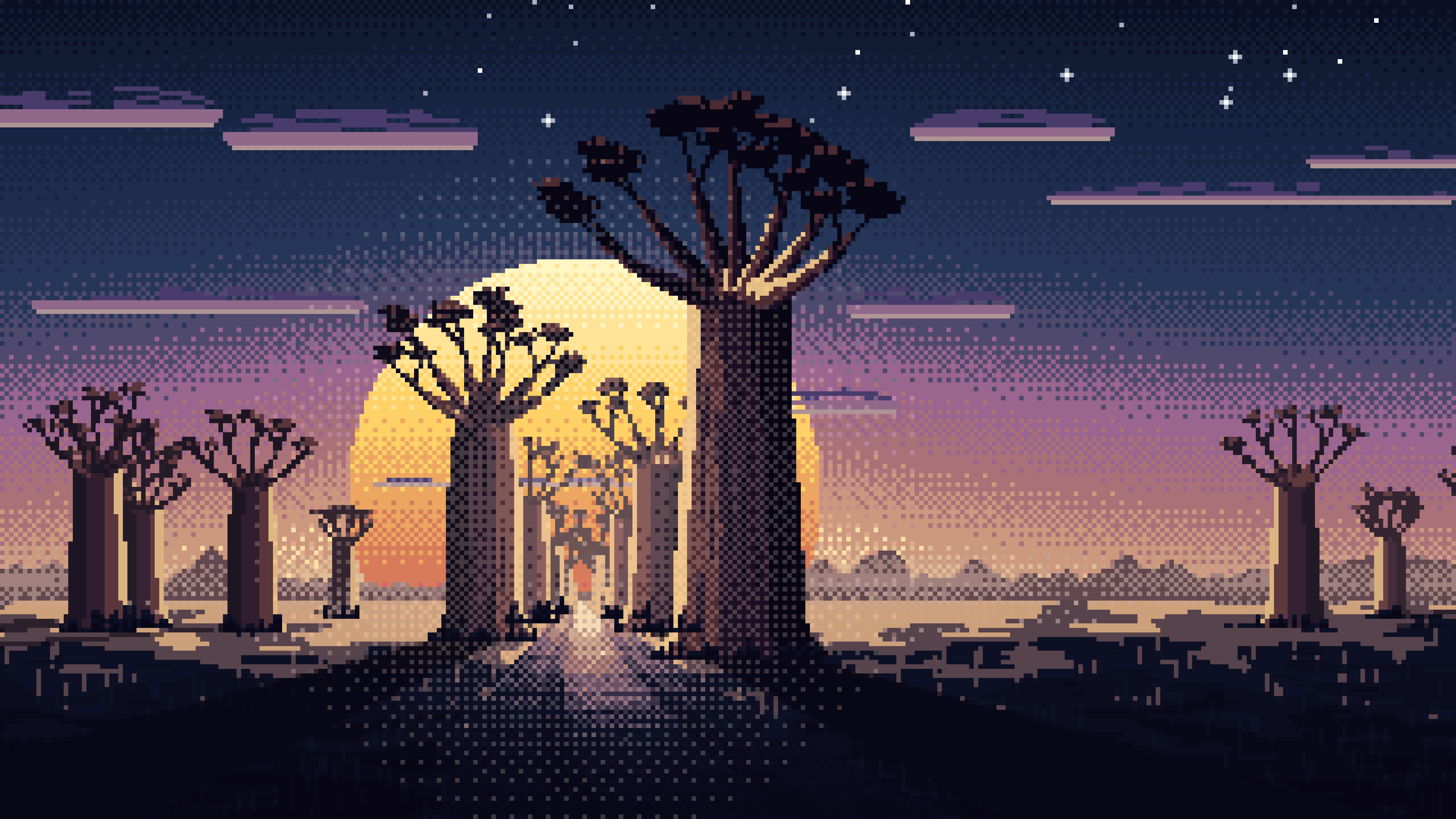Navy Pixel Art Baobab Trees at Sunset desktop wallpaper in 4K