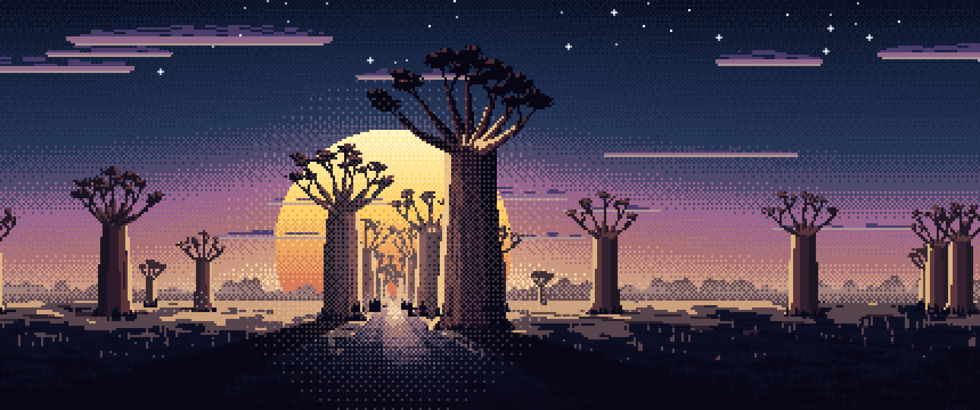 Navy Pixel Art Baobab Trees at Sunset ultrawide wallpaper, 3440 × 1440