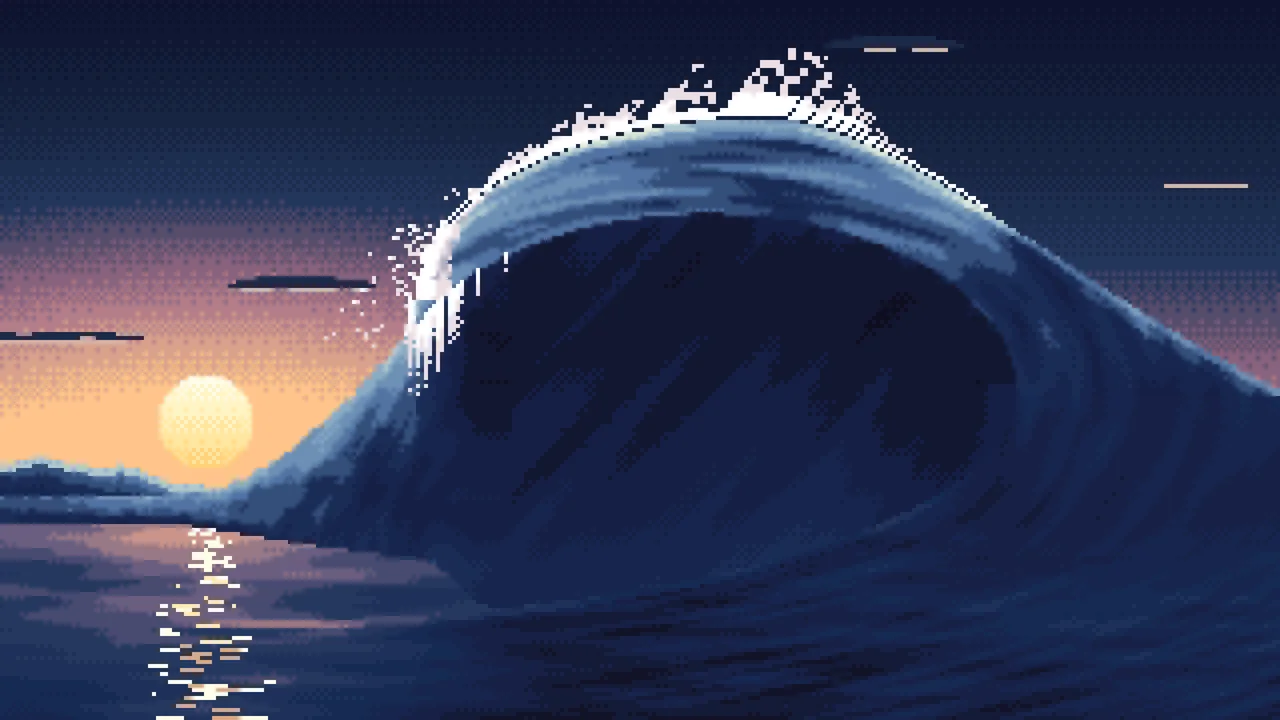 Navy Pixel Art Barrel Wave at Sunset desktop wallpaper in 4K