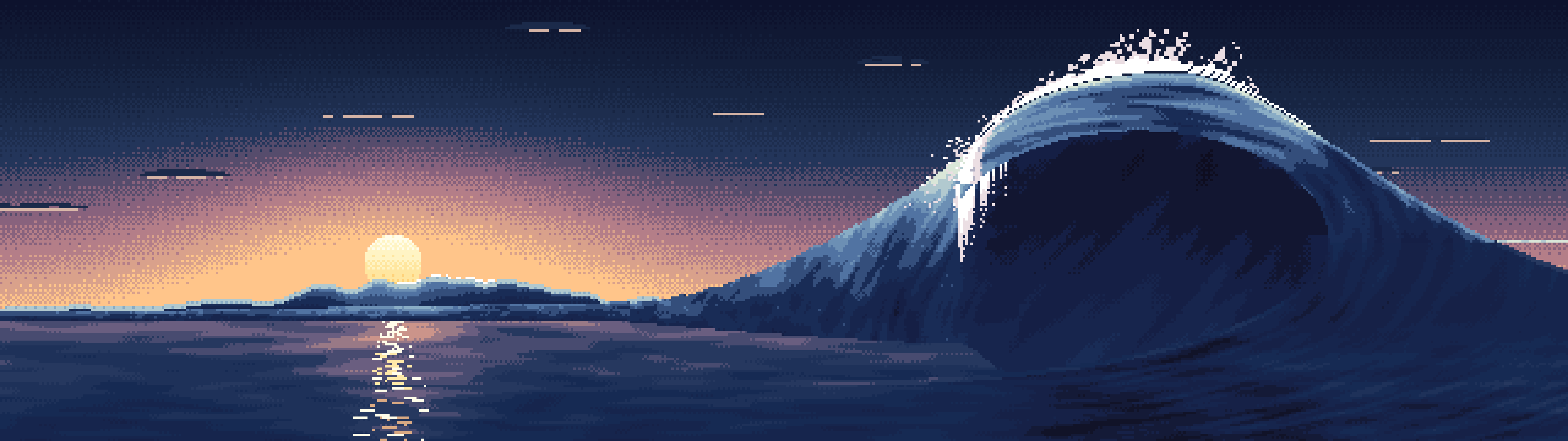 Navy Pixel Art Barrel Wave at Sunset dual monitor wallpaper, 7680 × 2160