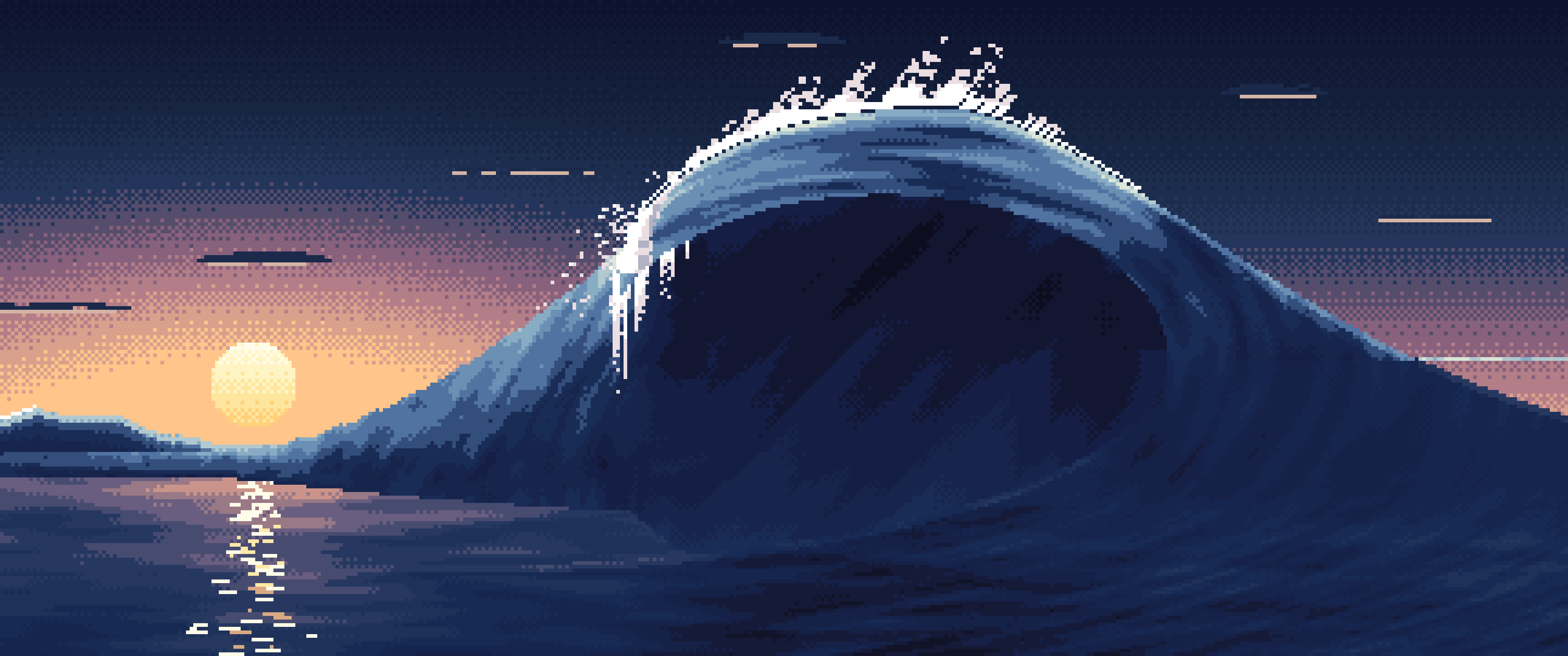 Navy Pixel Art Barrel Wave at Sunset ultrawide wallpaper, 3440 × 1440