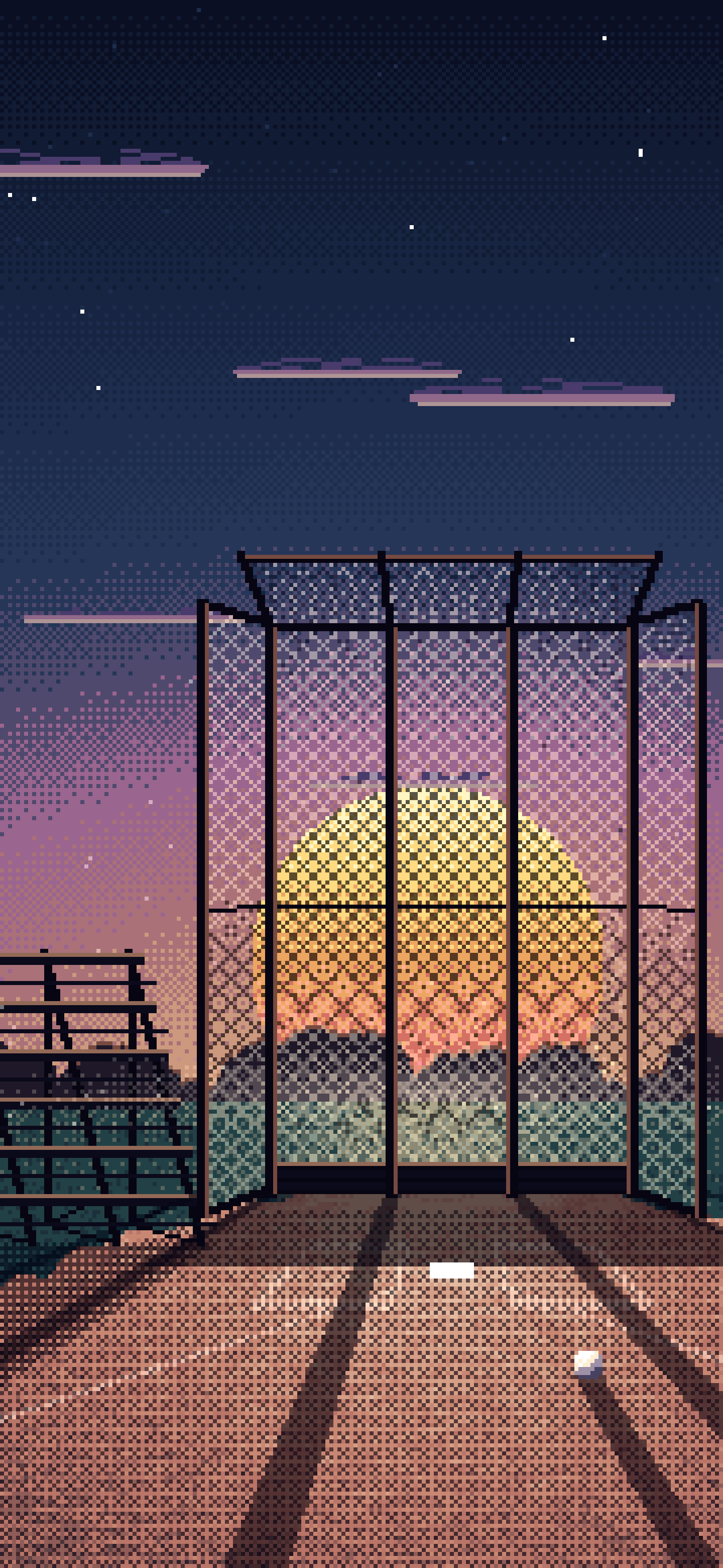 Navy Pixel Art Baseball Backstop at Sunset wallpaper for iPhone and Android