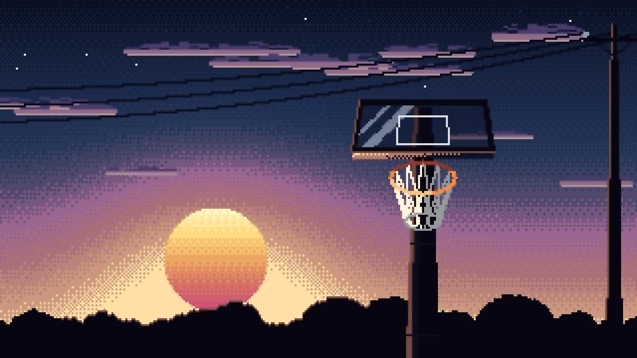 Navy Pixel Art Basketball Hoop at Sunset desktop wallpaper in 4K
