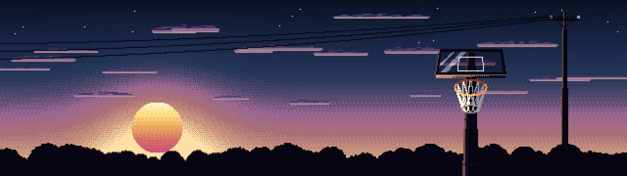 Navy Pixel Art Basketball Hoop at Sunset dual monitor wallpaper, 7680 × 2160