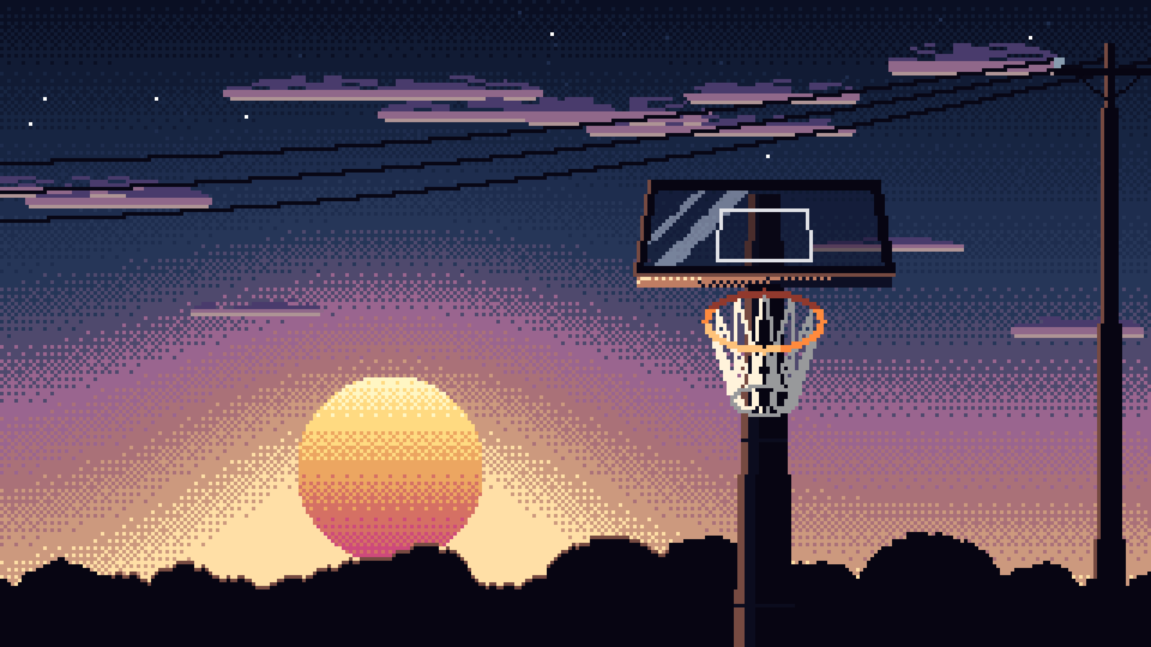 Navy Pixel Art Basketball Hoop at Sunset desktop wallpaper in 4K