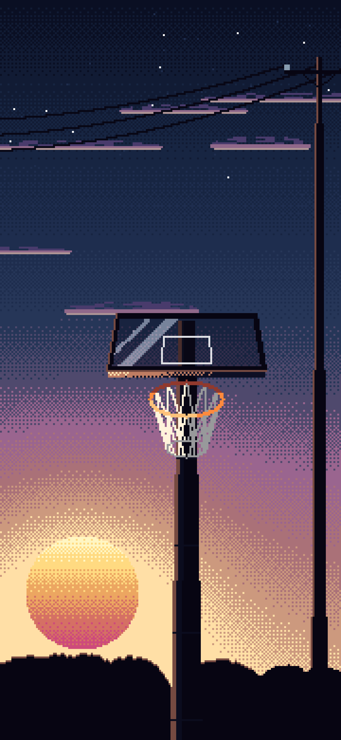 Navy Pixel Art Basketball Hoop at Sunset wallpaper for iPhone and Android